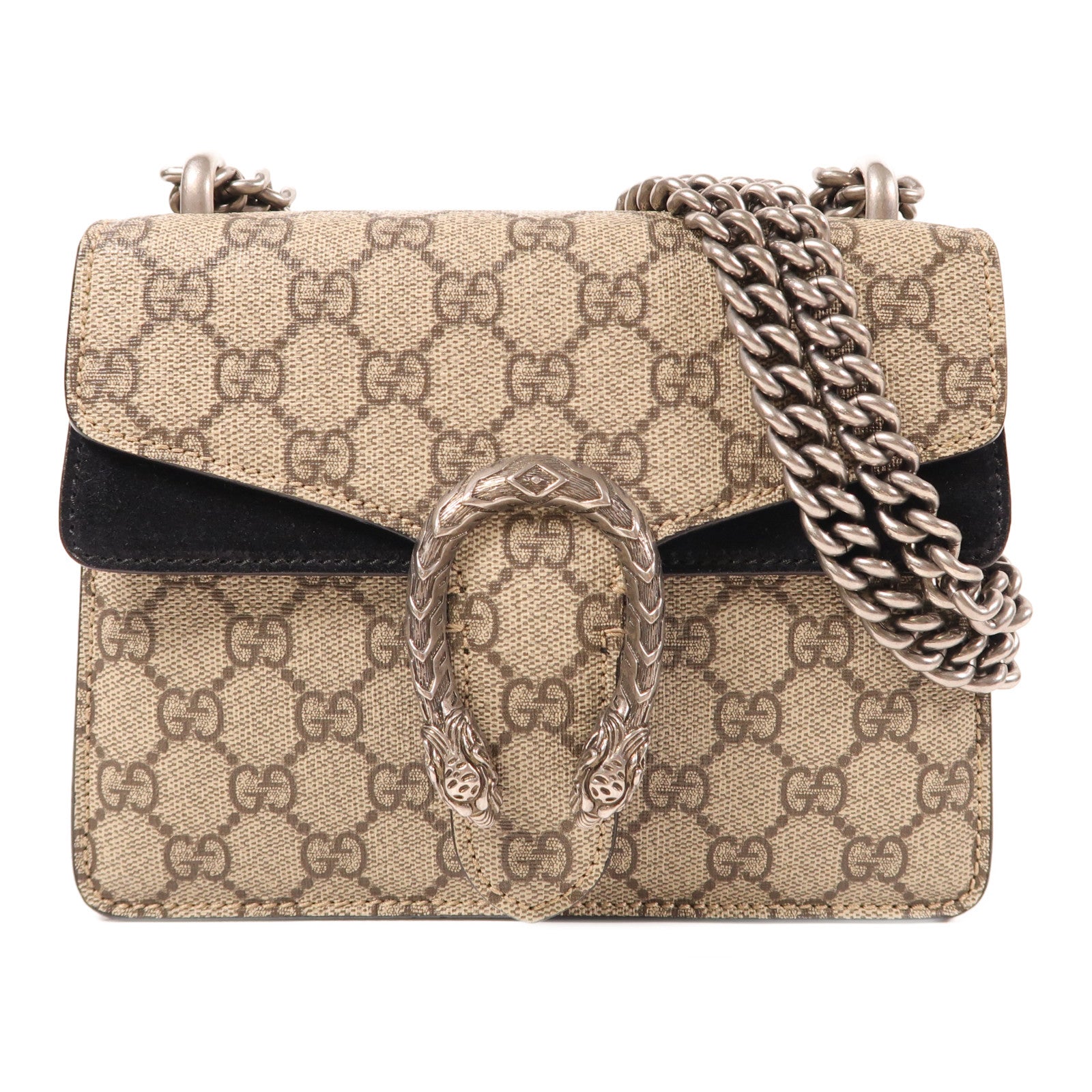 GUCCI 塗層帆布Dionysus Mini銀扣鏈帶肩背袋棕色