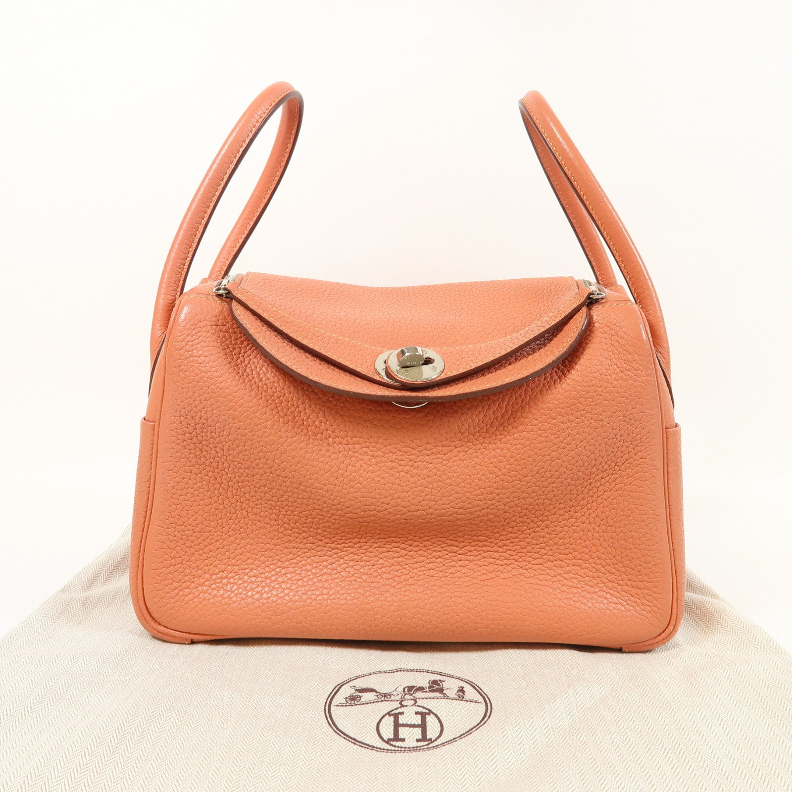 HERMES Clemence皮革Lindy 26銀扣手挽肩背兩用袋粉橙色