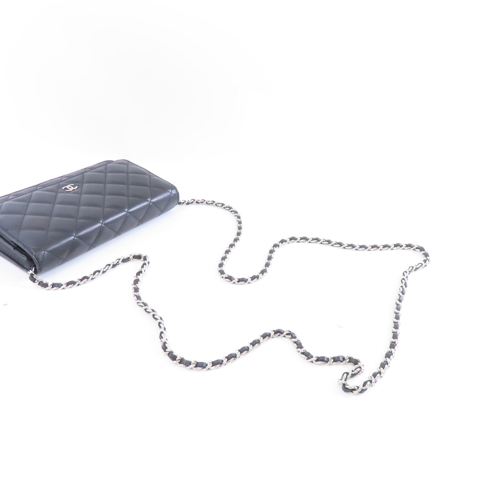 CHANEL 菱格羊皮皮革Wallet On Chain Shoulder Bag銀扣鏈帶肩背袋黑色