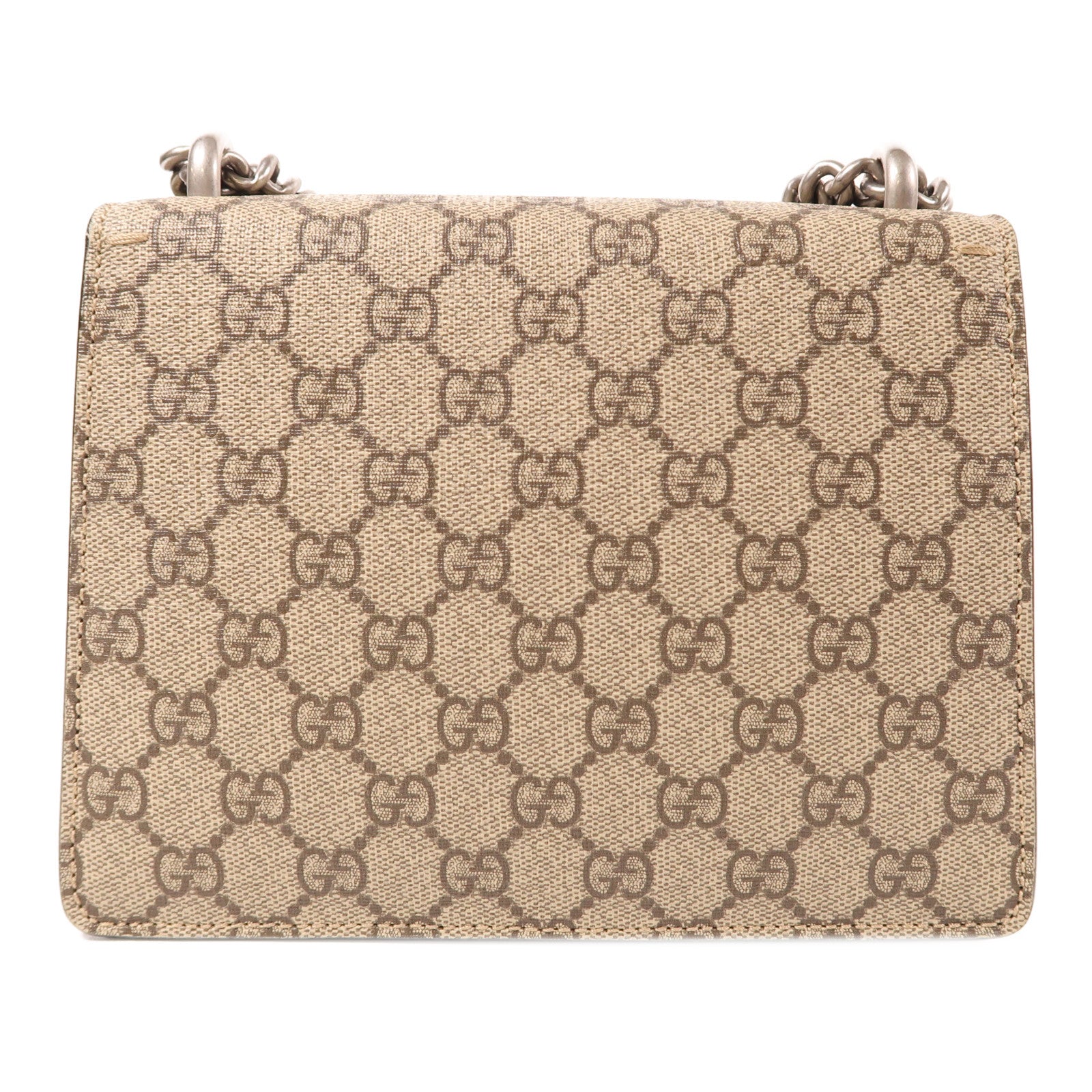 GUCCI 塗層帆布Dionysus Mini銀扣鏈帶肩背袋棕色