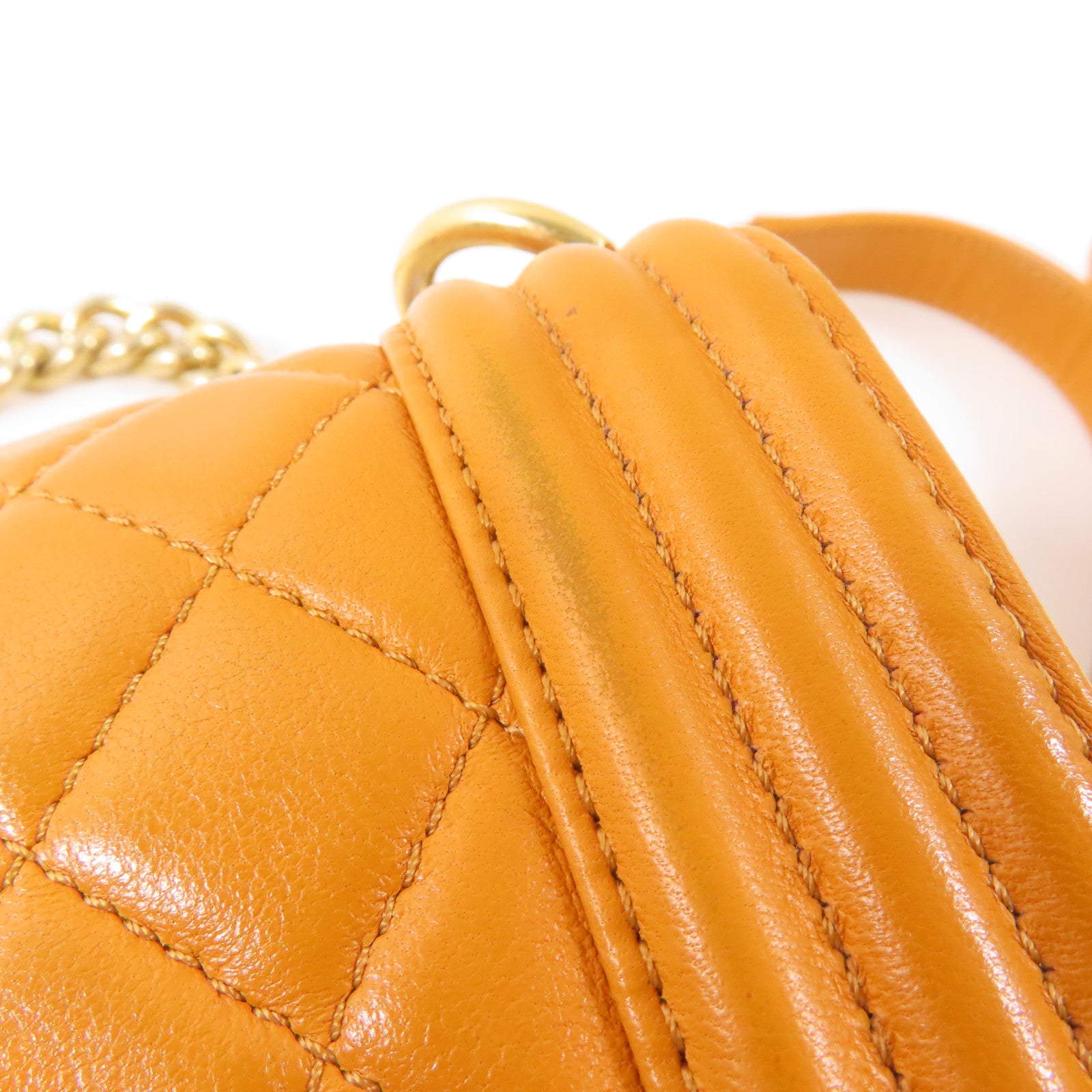 CHANEL 羊皮皮革Boy 25金扣鏈帶肩背袋橙色