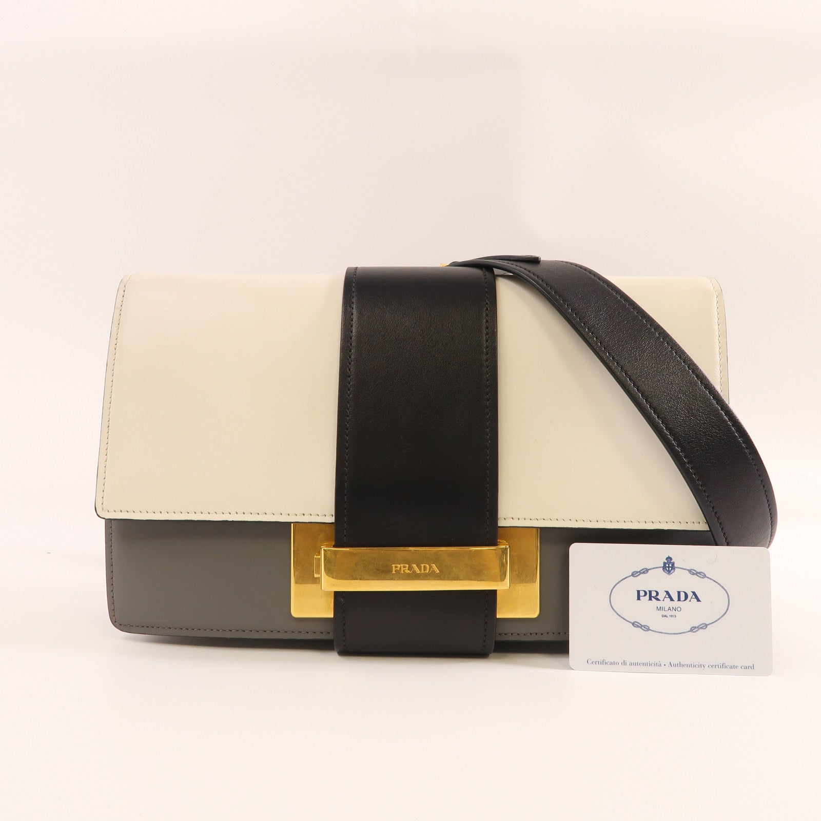 PRADA 【激減優惠】牛皮皮革Cahier金扣肩背袋灰色/白色/黑色