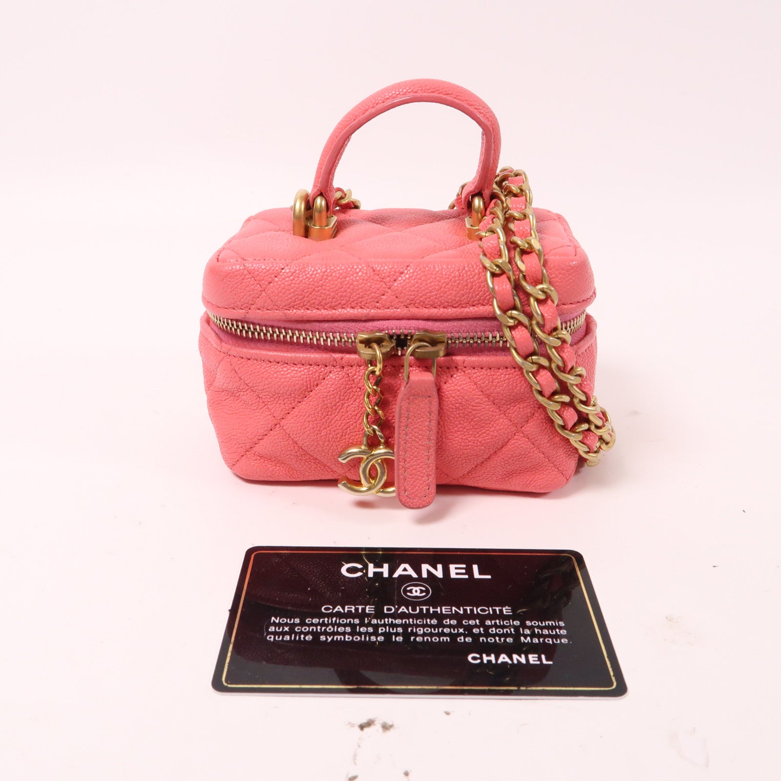CHANEL 菱格Caviar皮革2Way Shoulder金扣手挽肩背兩用袋粉紅色