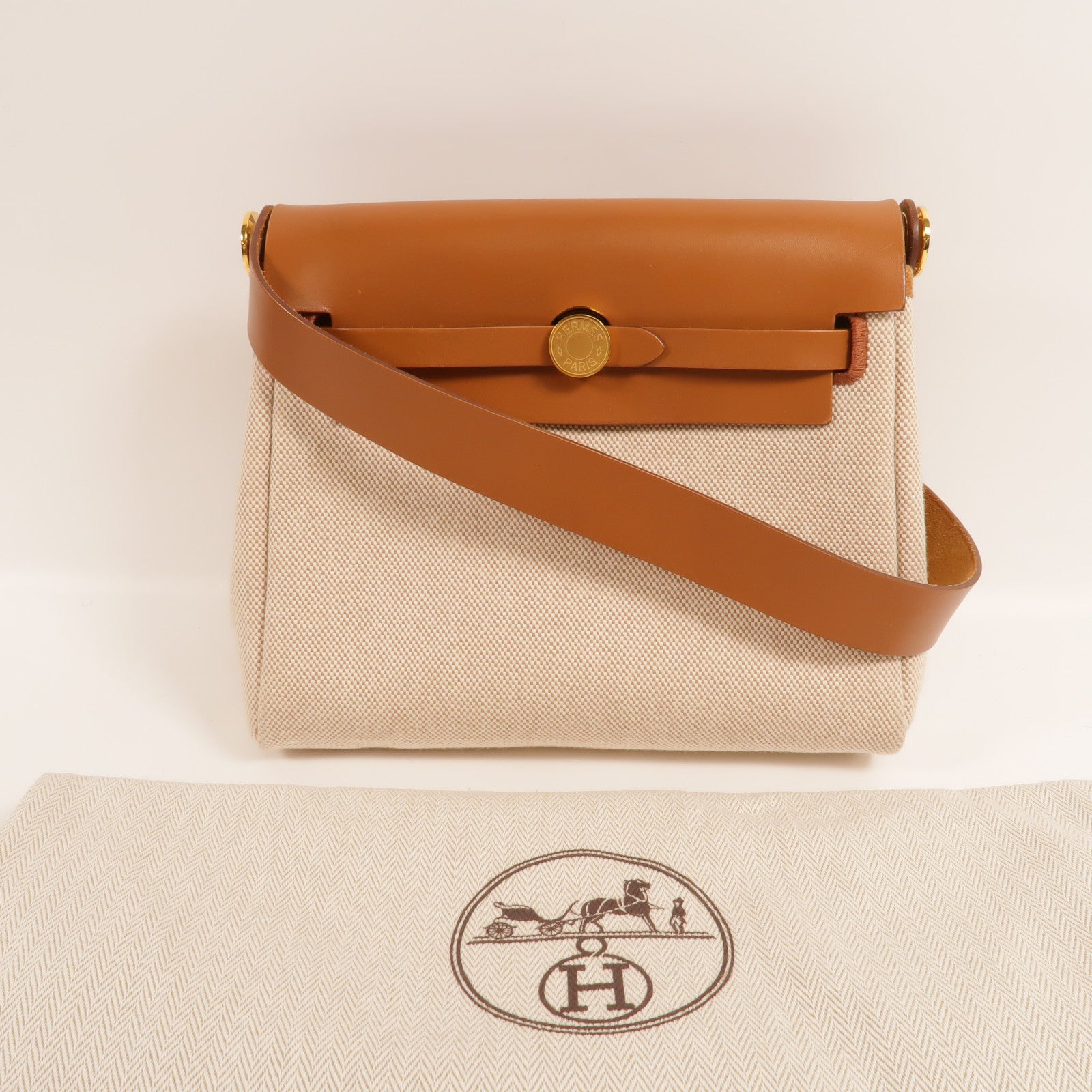 HERMES 帆布Mini Herbag肩背袋Gold/Beige