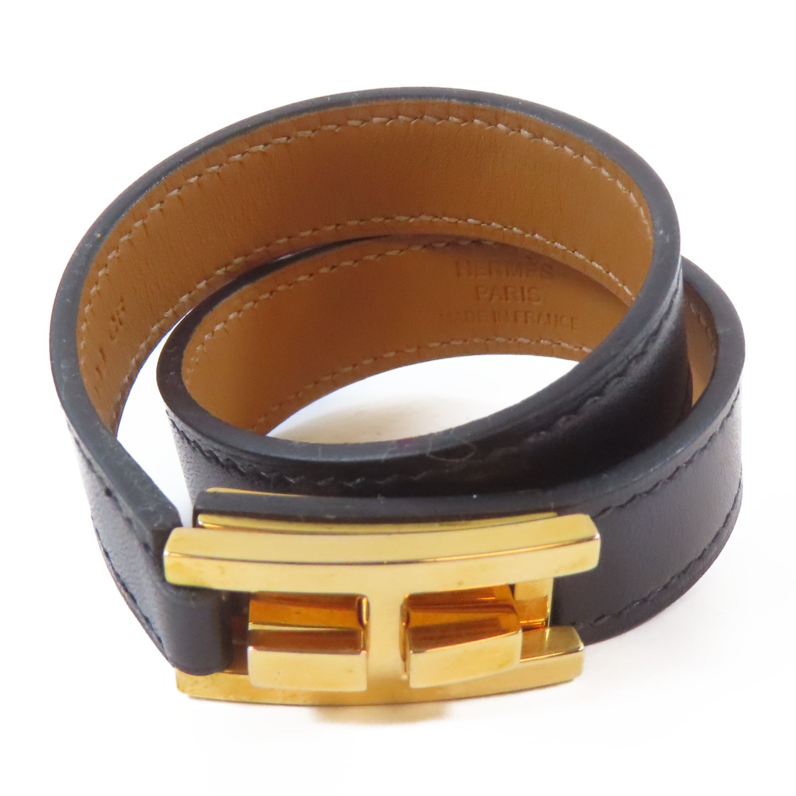 HERMES 【激減優惠】Swift皮革Drag Double Tour手鐲金色/黑色#13.5cm