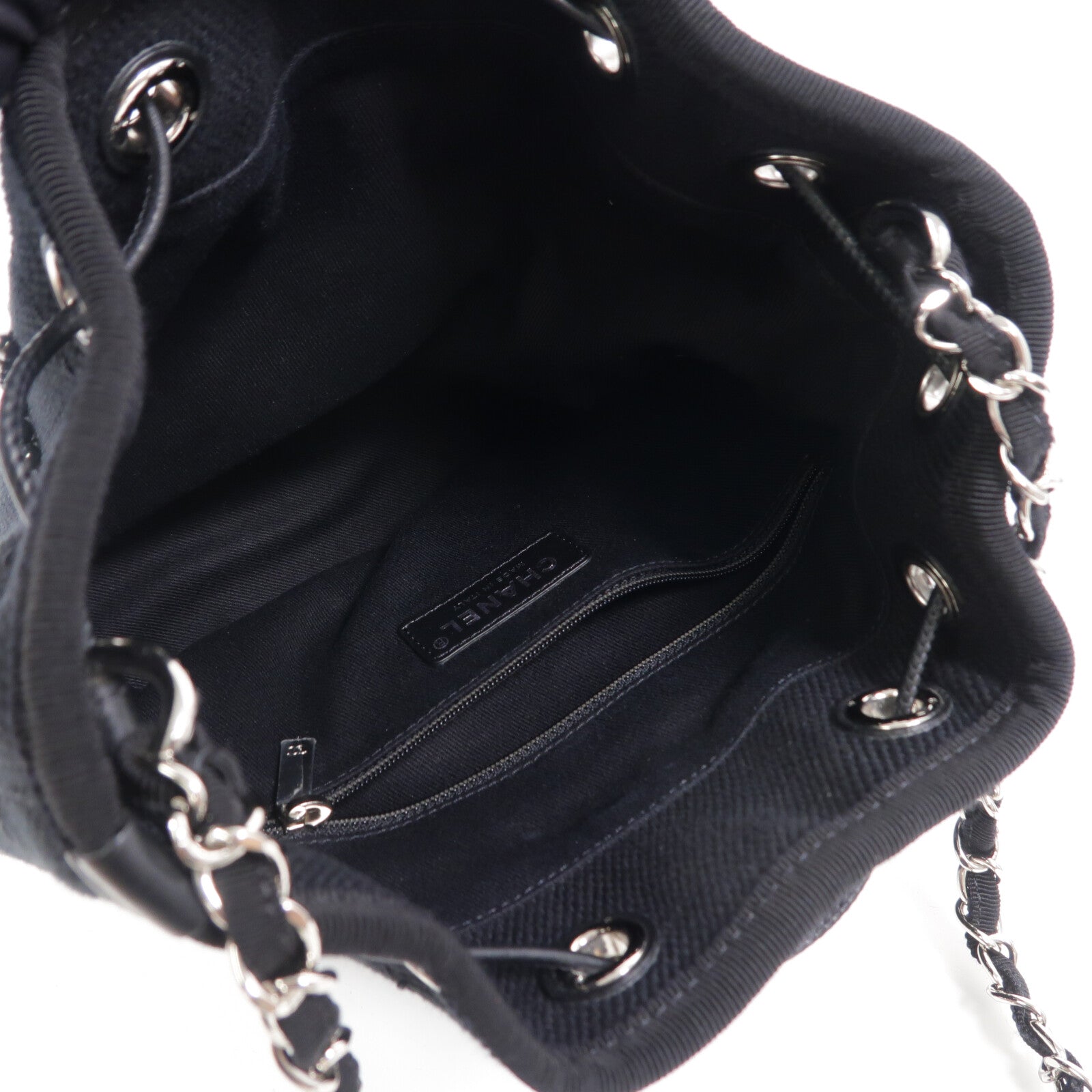 CHANEL 帆布Deauville Drawsting Bucket鏈帶肩背袋