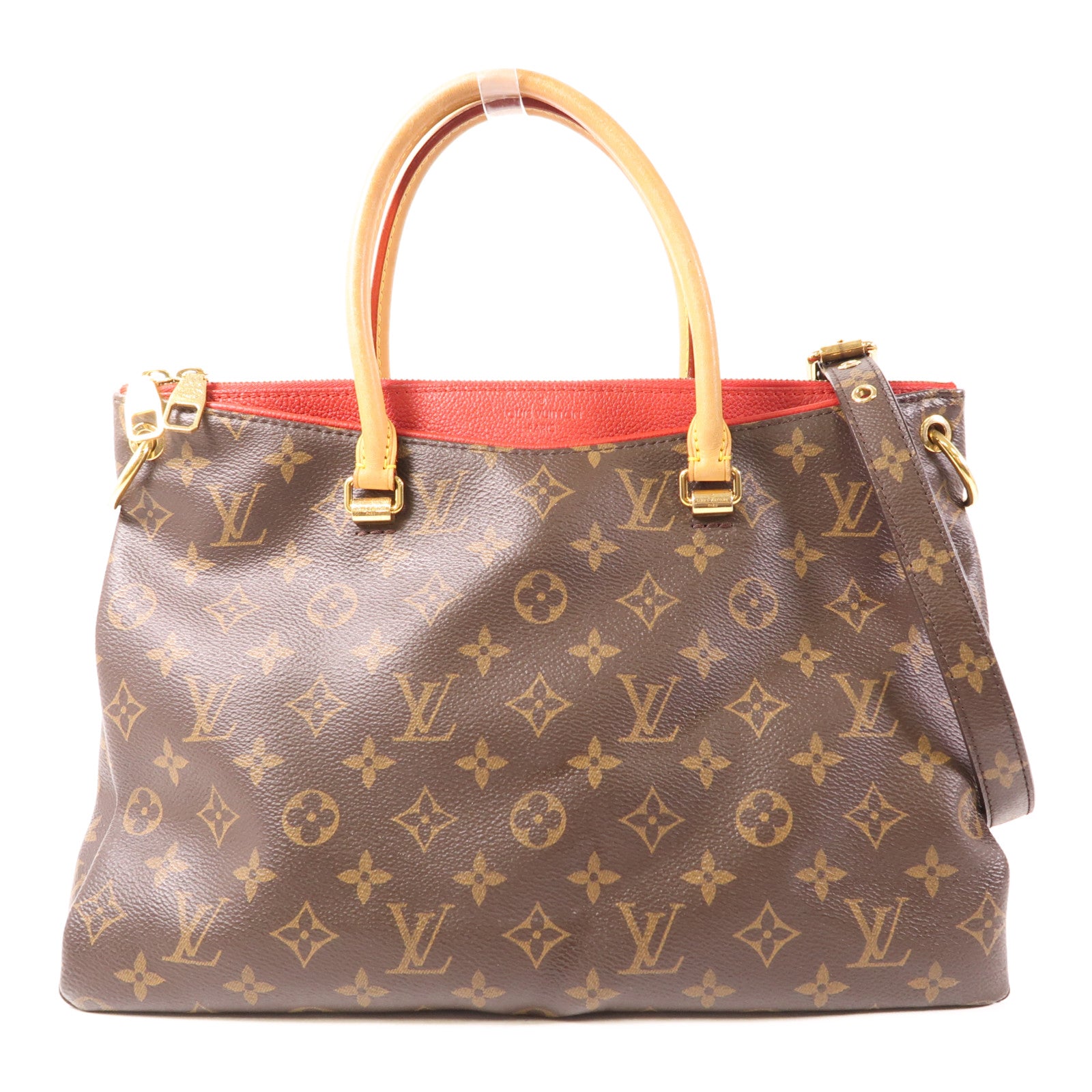 LOUIS VUITTON Monogram Pallas金扣手挽肩背兩用袋棕色/紅色