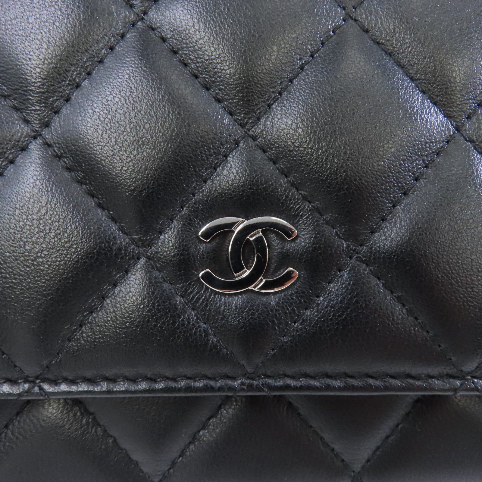 CHANEL 菱格羊皮皮革Wallet On Chain Shoulder Bag銀扣鏈帶肩背袋黑色