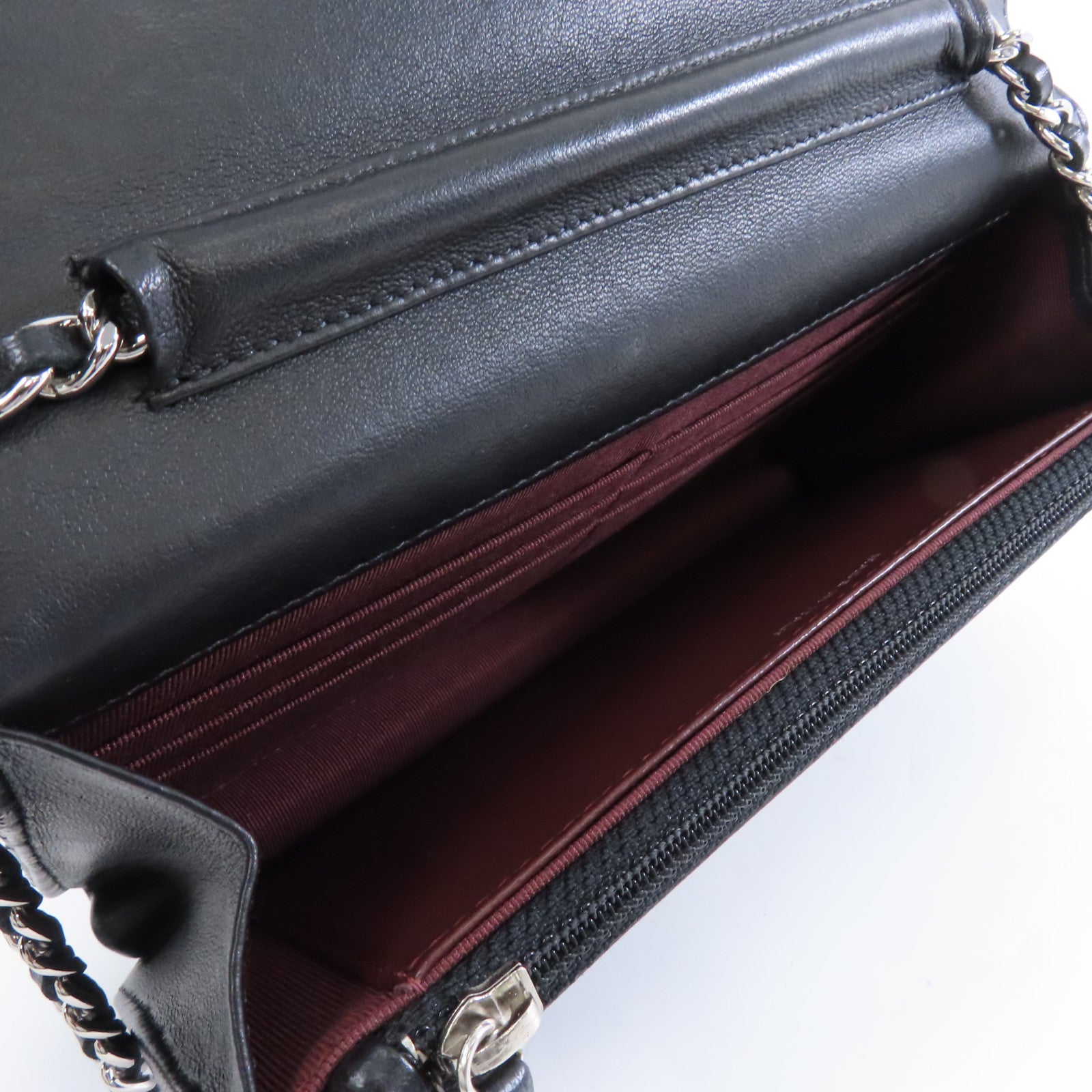 CHANEL 菱格羊皮皮革Wallet On Chain Shoulder Bag銀扣鏈帶肩背袋黑色