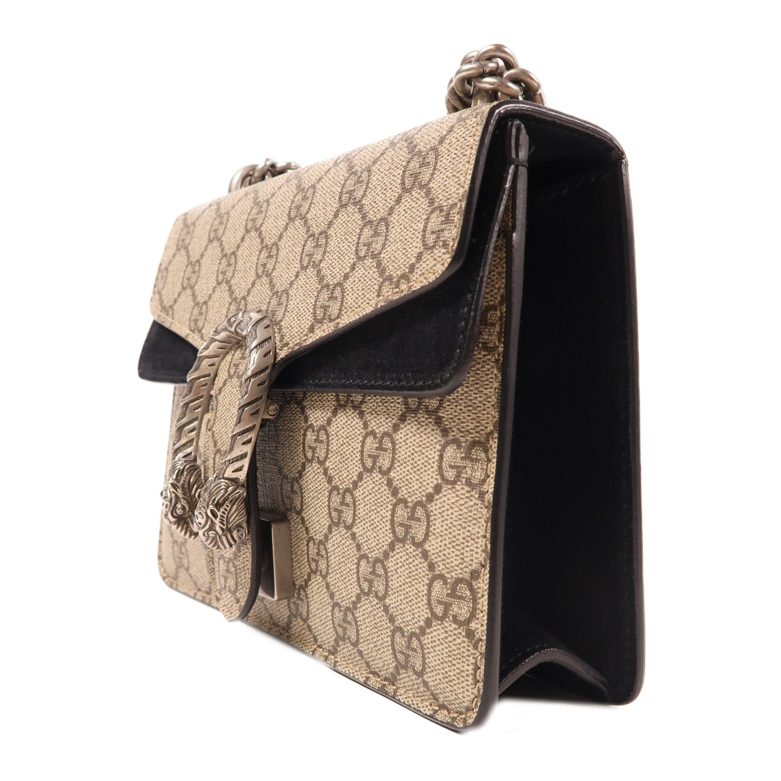 GUCCI 塗層帆布Dionysus Mini銀扣鏈帶肩背袋棕色