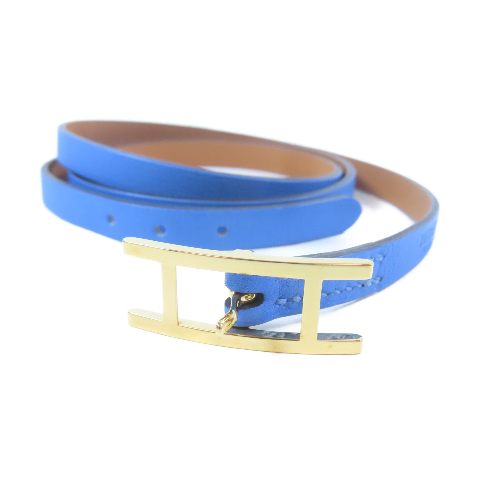 HERMES 皮革Bangle金扣手鐲藍色#21.5cm