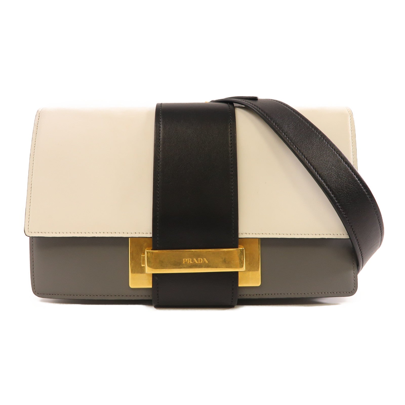 PRADA 【激減優惠】牛皮皮革Cahier金扣肩背袋灰色/白色/黑色
