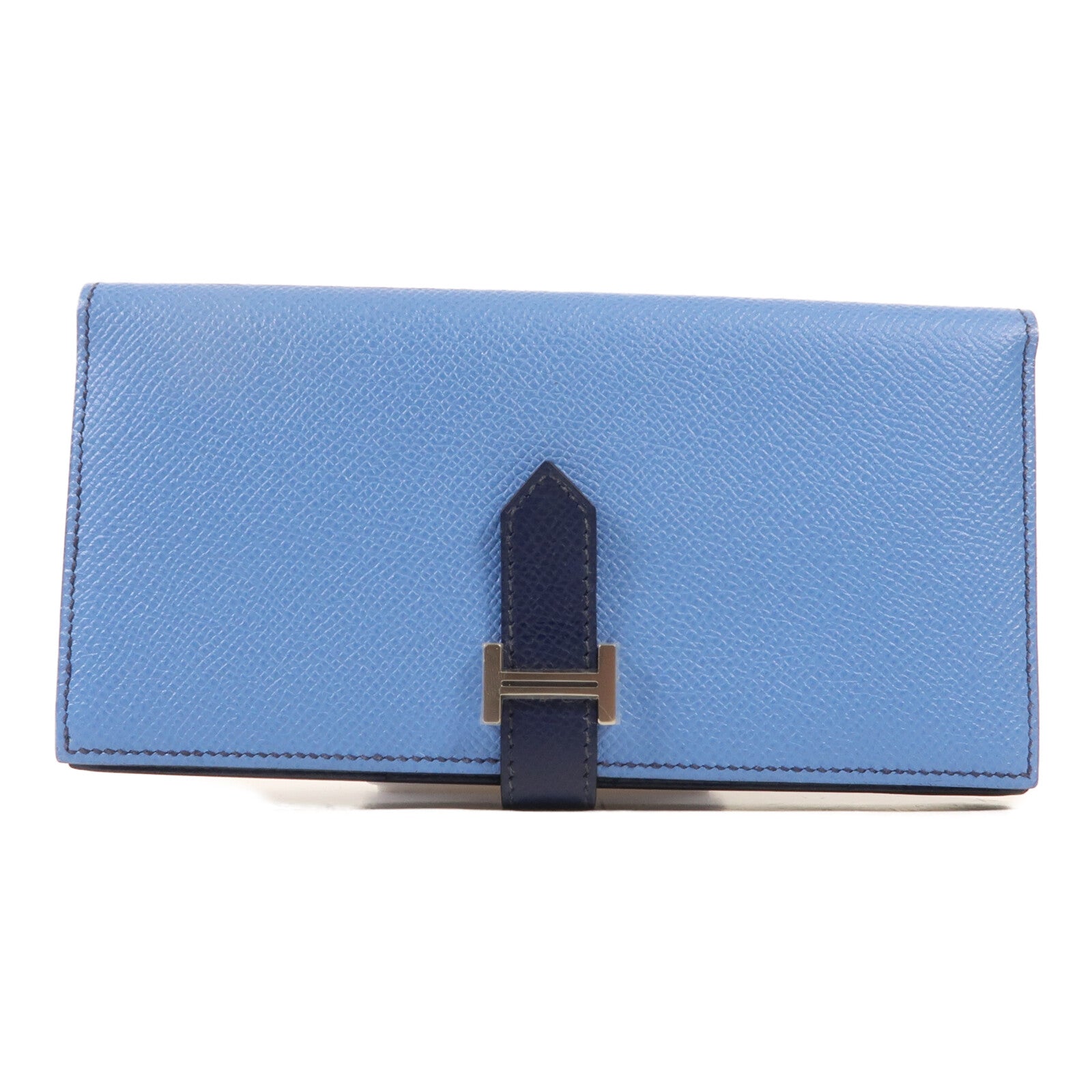 HERMES Epsom皮革Bearn W Snap Wallet銀扣長錢包Bleu Azur/Bleu Saphir
