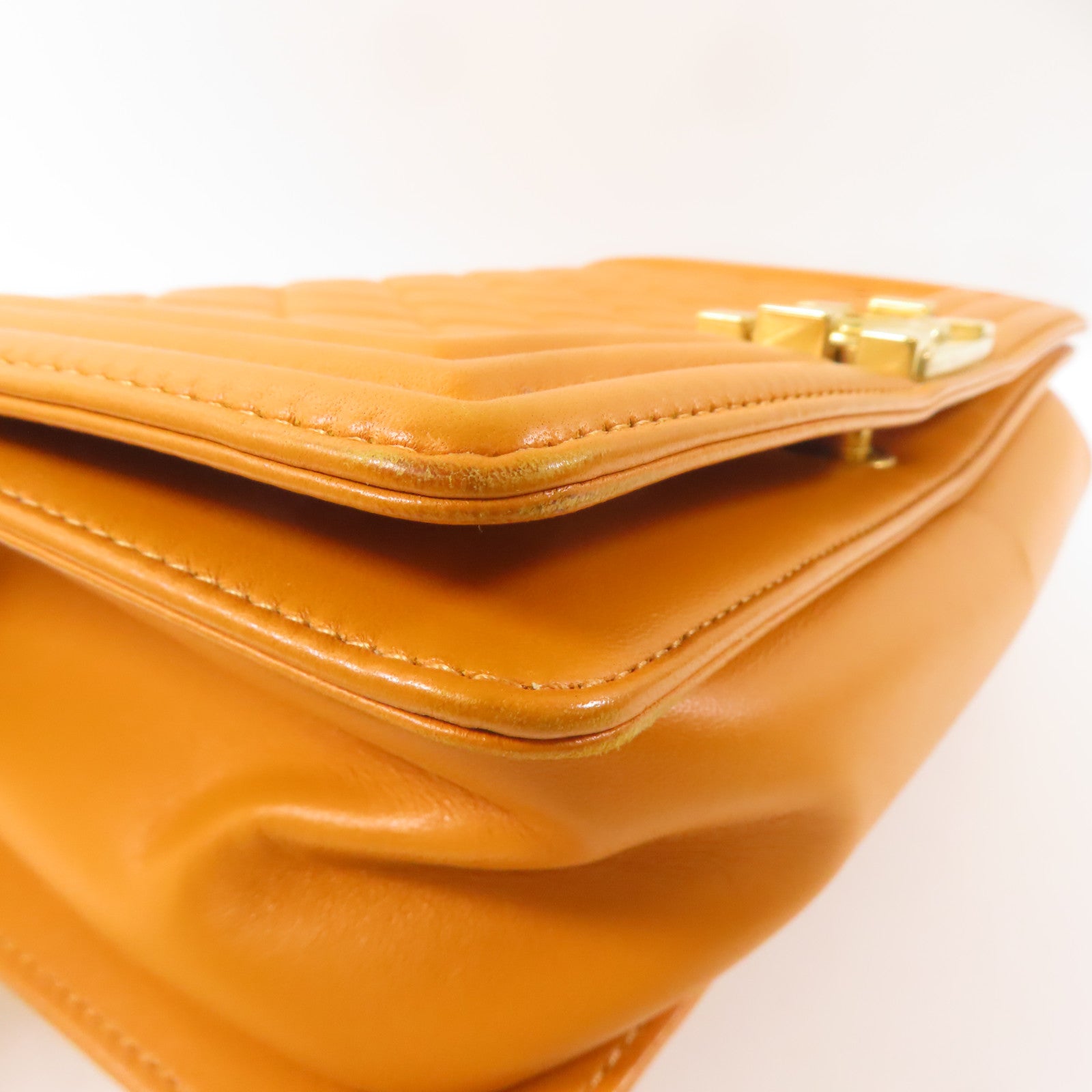 CHANEL 羊皮皮革Boy 25金扣鏈帶肩背袋橙色