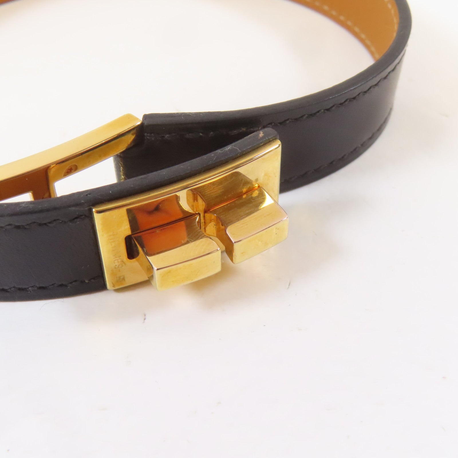 HERMES 【激減優惠】Swift皮革Drag Double Tour手鐲金色/黑色#13.5cm