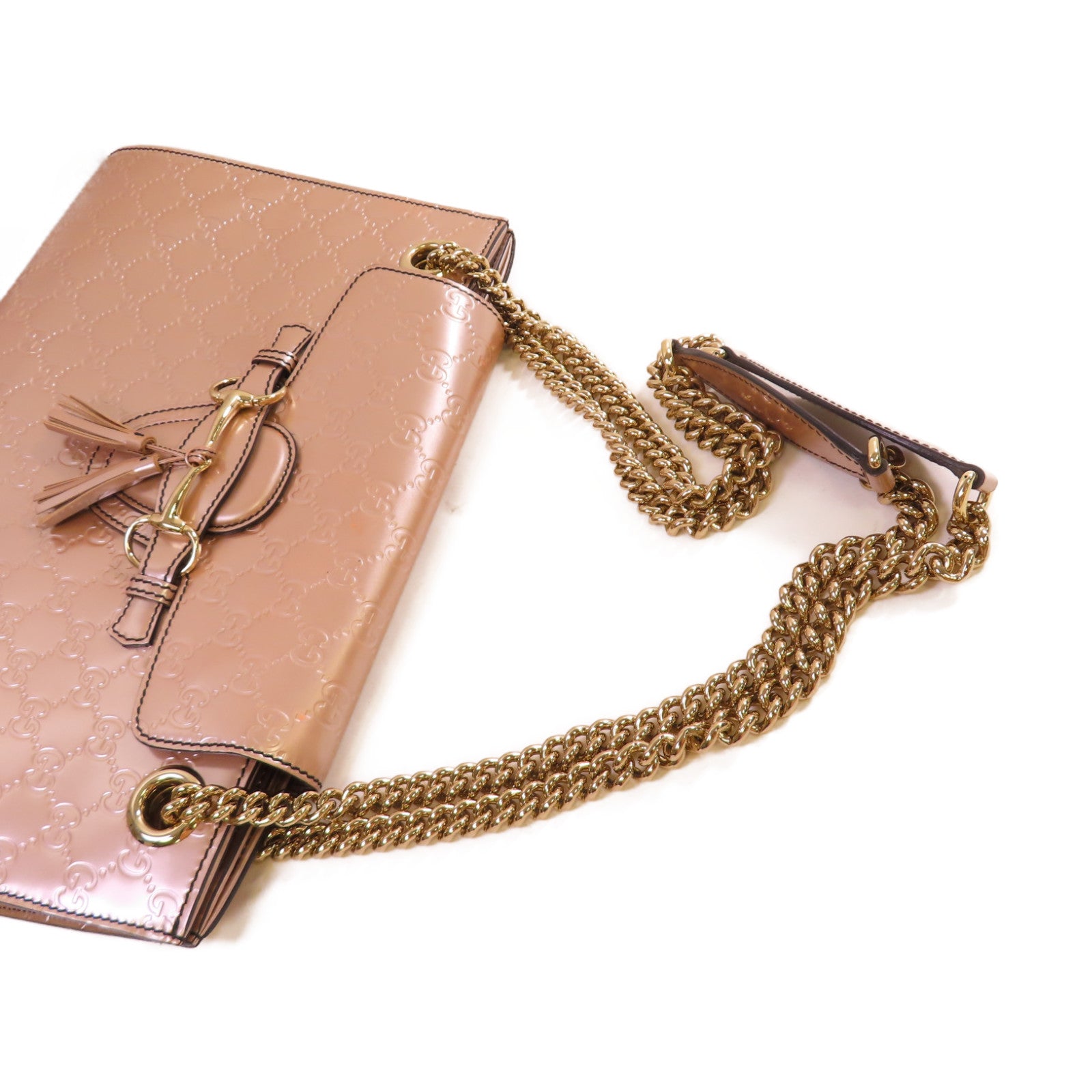 GUCCI 【激減優惠】漆皮皮革Guccissima Emily Chain Shoulder Bag金扣鏈帶肩背袋閃亮粉紅色