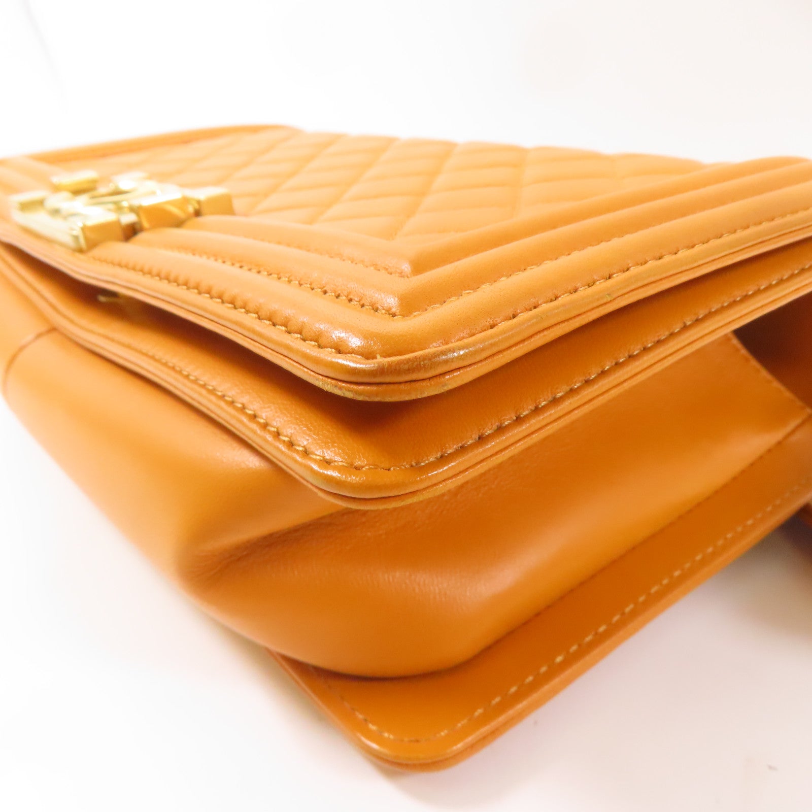 CHANEL 羊皮皮革Boy 25金扣鏈帶肩背袋橙色