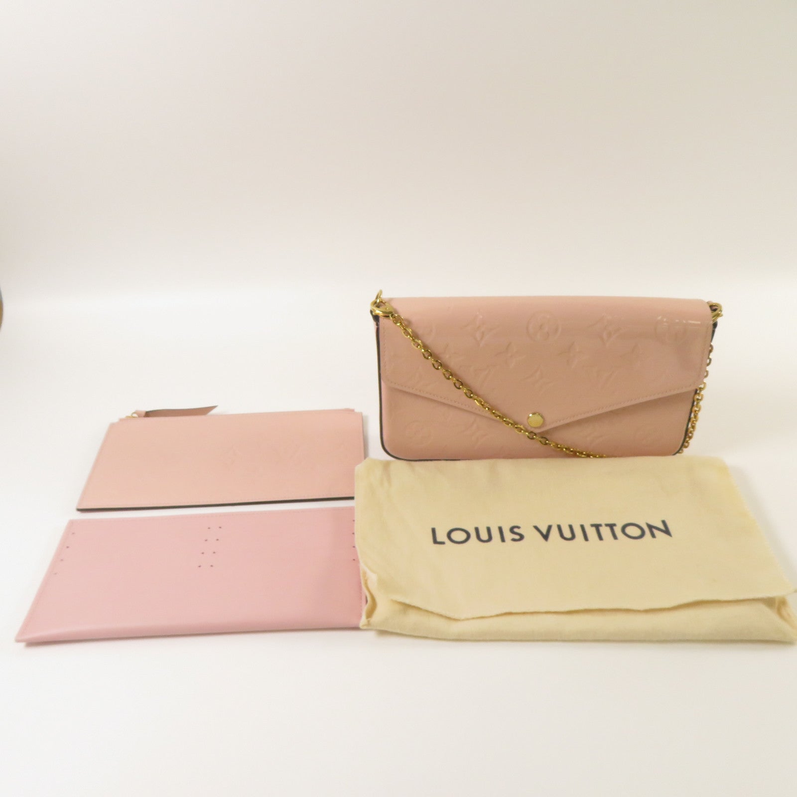 LOUIS VUITTON 【激減優惠】Monogram Vernis Pochette Felicie金扣鏈帶肩背袋粉紅色