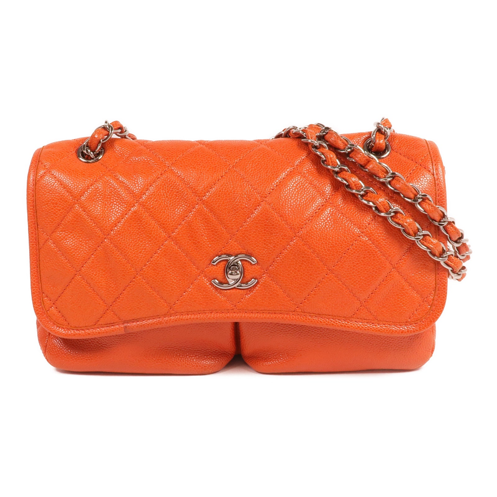 CHANEL 牛皮皮革Chain Shoulder銀扣鏈帶肩背袋