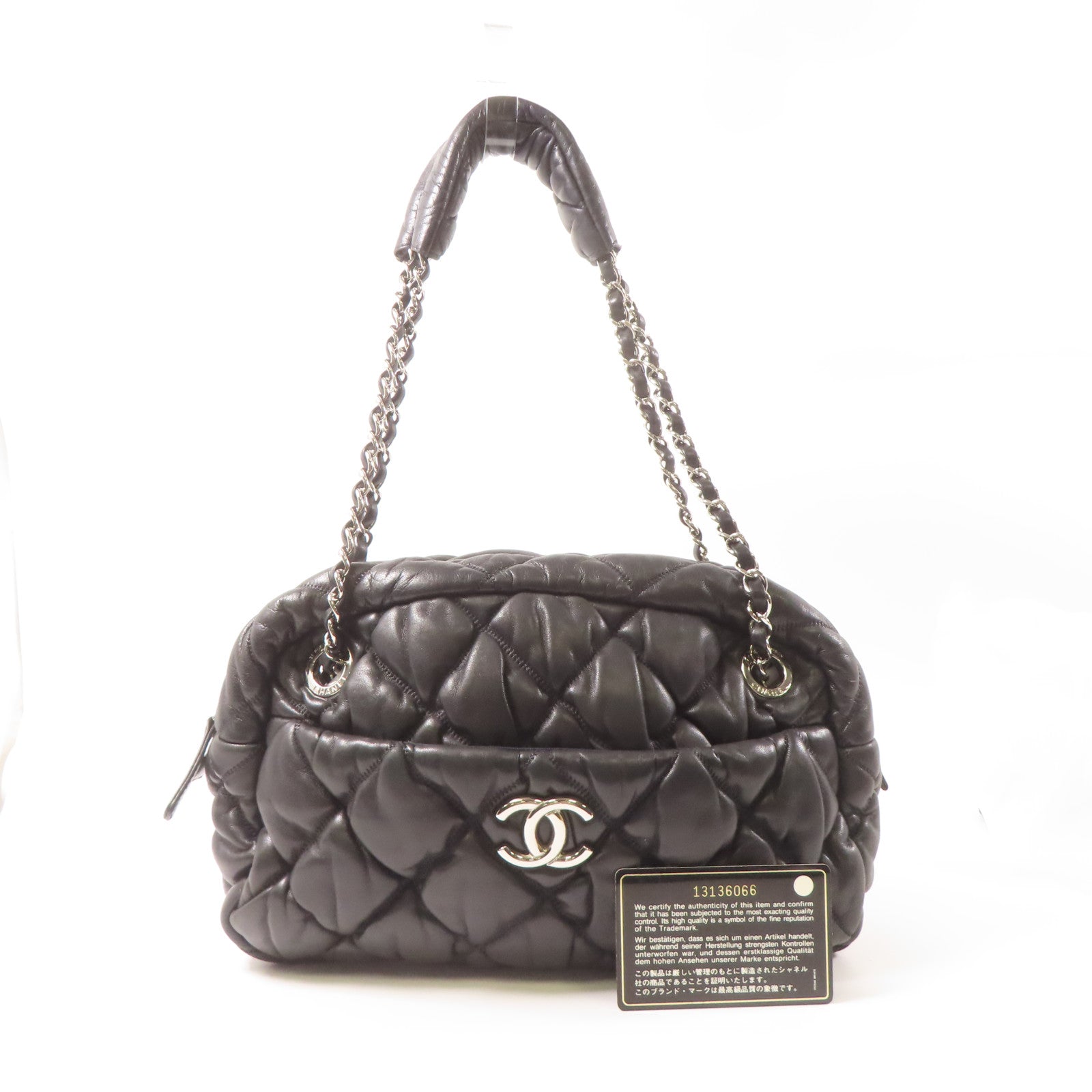 CHANEL 菱格羊皮皮革Chain Shoulder銀扣肩背袋黑色