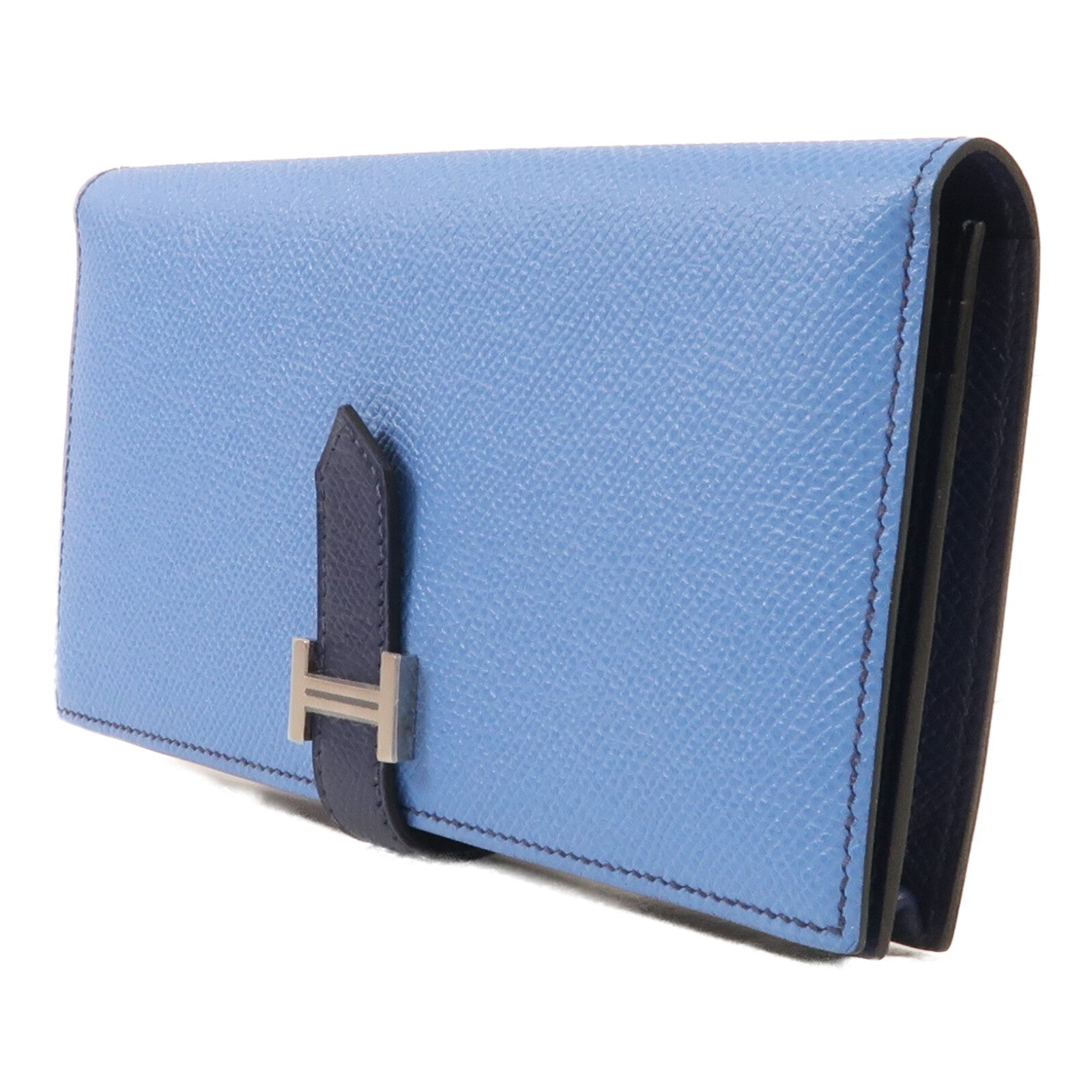 HERMES Epsom皮革Bearn W Snap Wallet銀扣長錢包Bleu Azur/Bleu Saphir