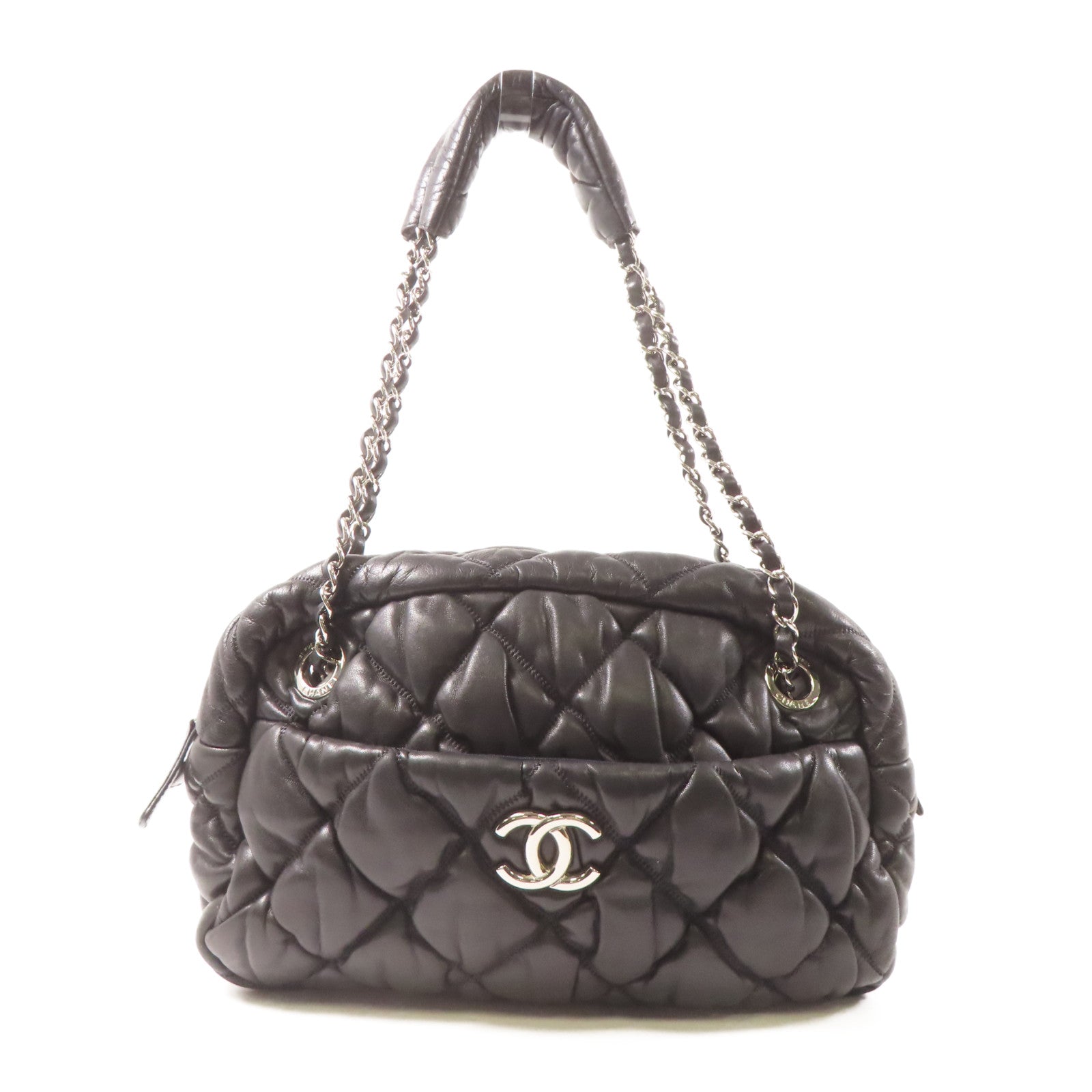 CHANEL 菱格羊皮皮革Chain Shoulder銀扣肩背袋黑色