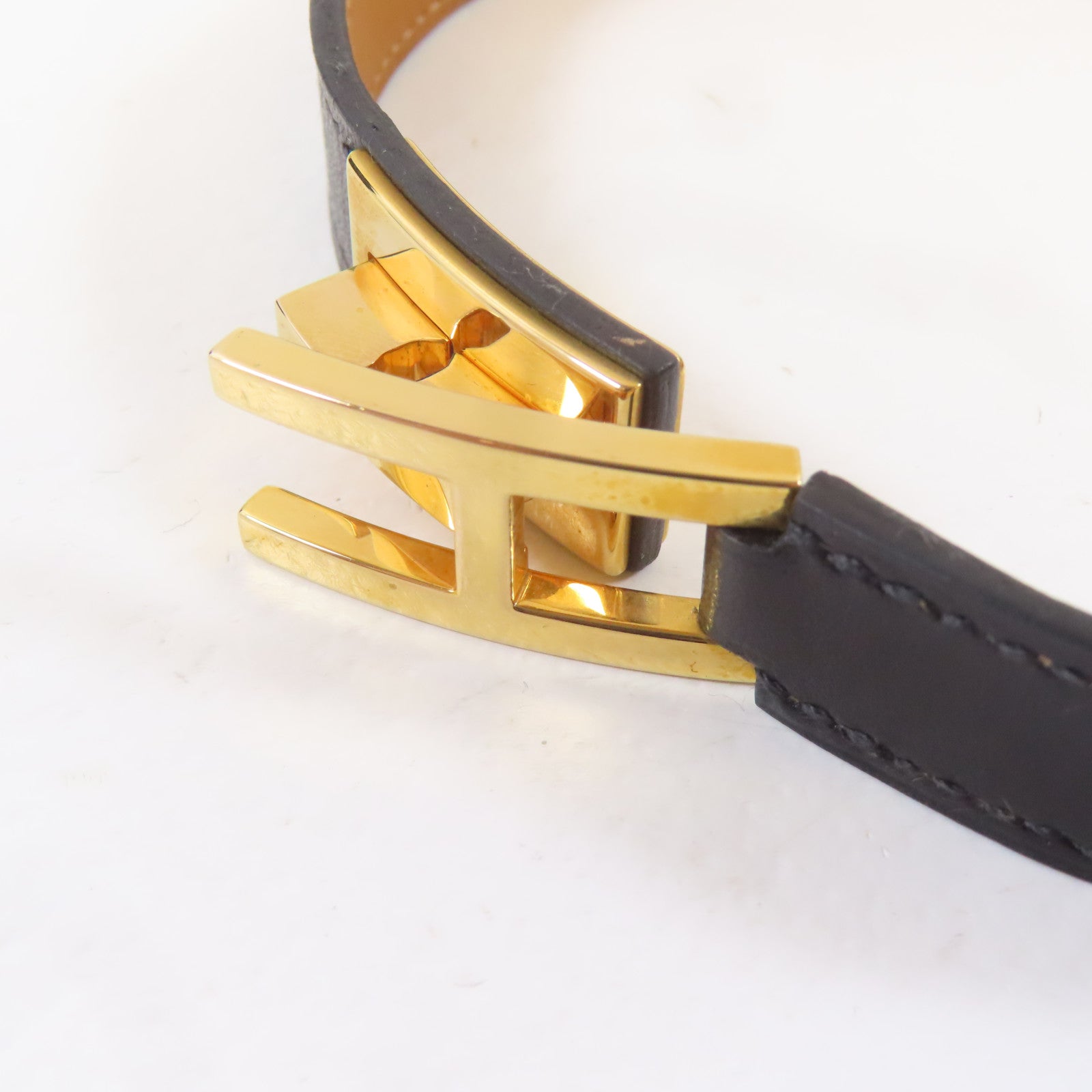 HERMES 【激減優惠】Swift皮革Drag Double Tour手鐲金色/黑色#13.5cm