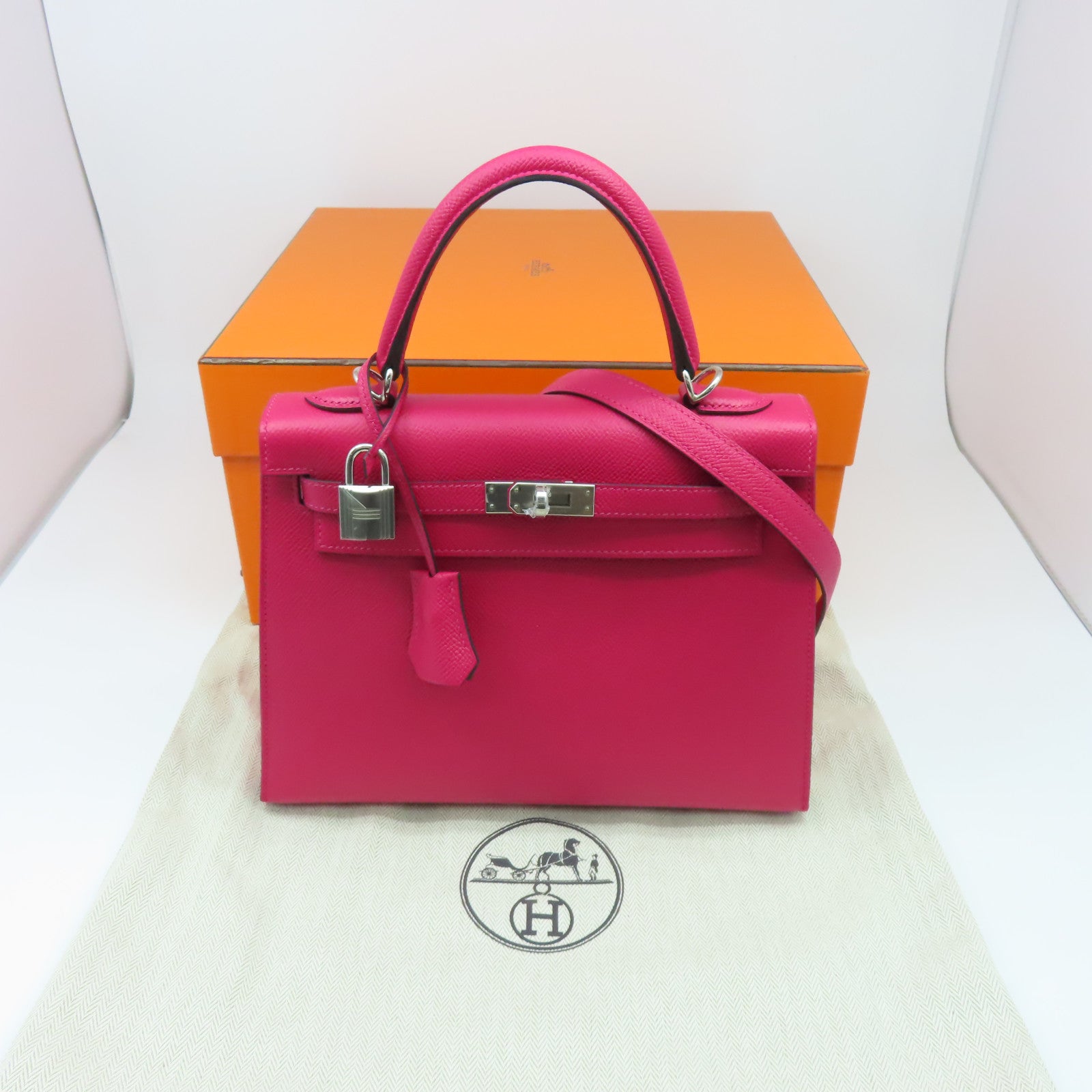 HERMES 【激減優惠】Epsom皮革Kelly 25銀扣手挽肩背兩用袋粉紅色
