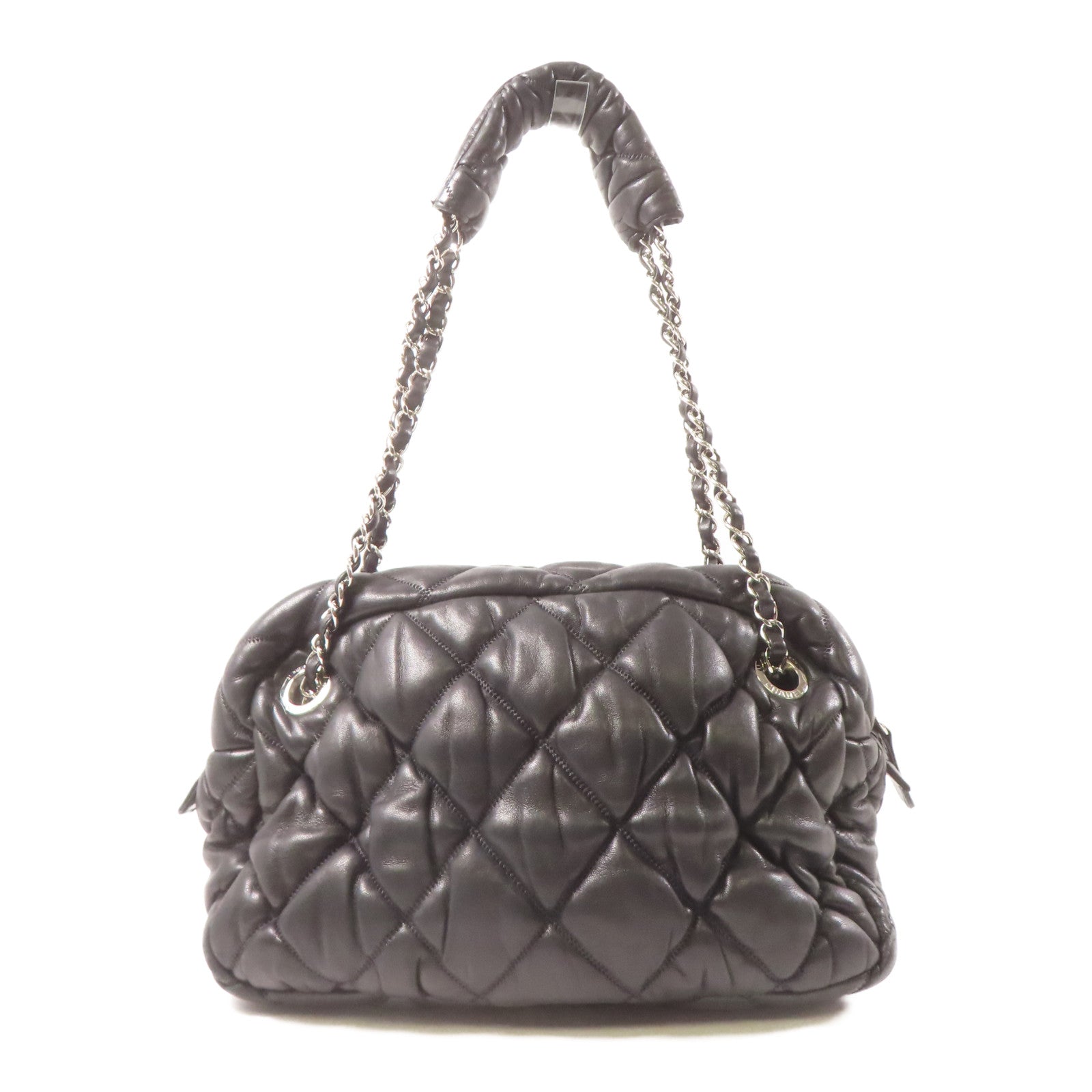 CHANEL 菱格羊皮皮革Chain Shoulder銀扣肩背袋黑色