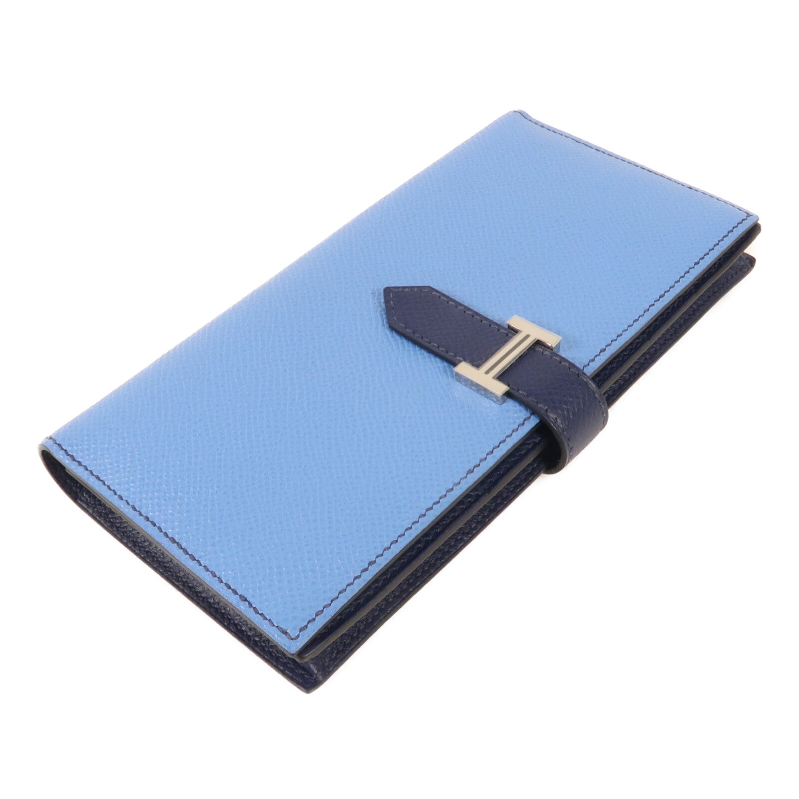 HERMES Epsom皮革Bearn W Snap Wallet銀扣長錢包Bleu Azur/Bleu Saphir