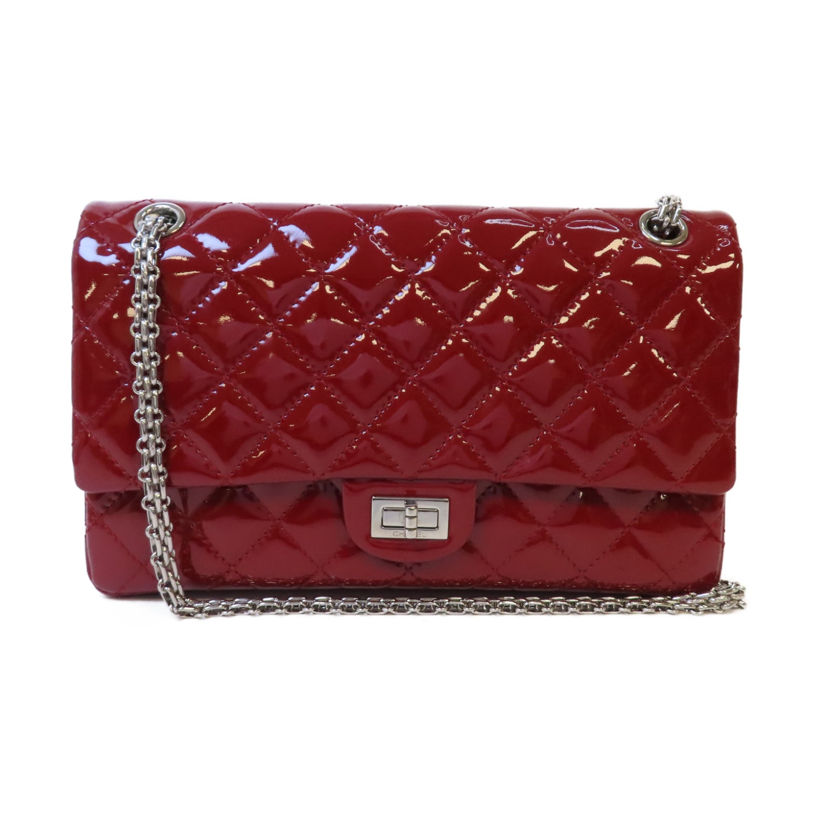 CHANEL 【激減優惠】菱格漆皮皮革2.55 Chain Shoulder銀扣鏈帶肩背袋紅色