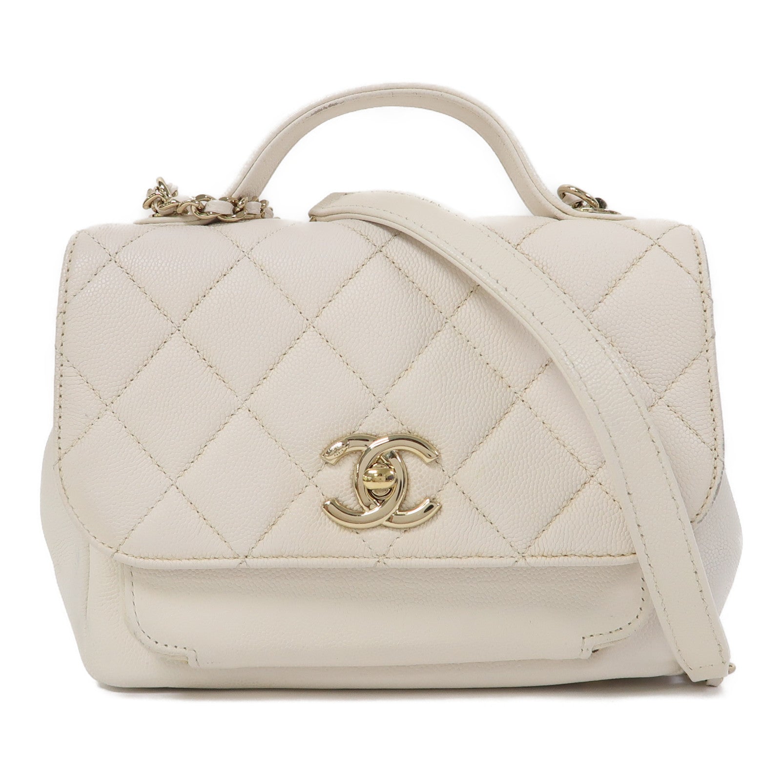 CHANEL 菱格牛皮皮革Shoulder Bag金扣鏈帶肩背袋白色