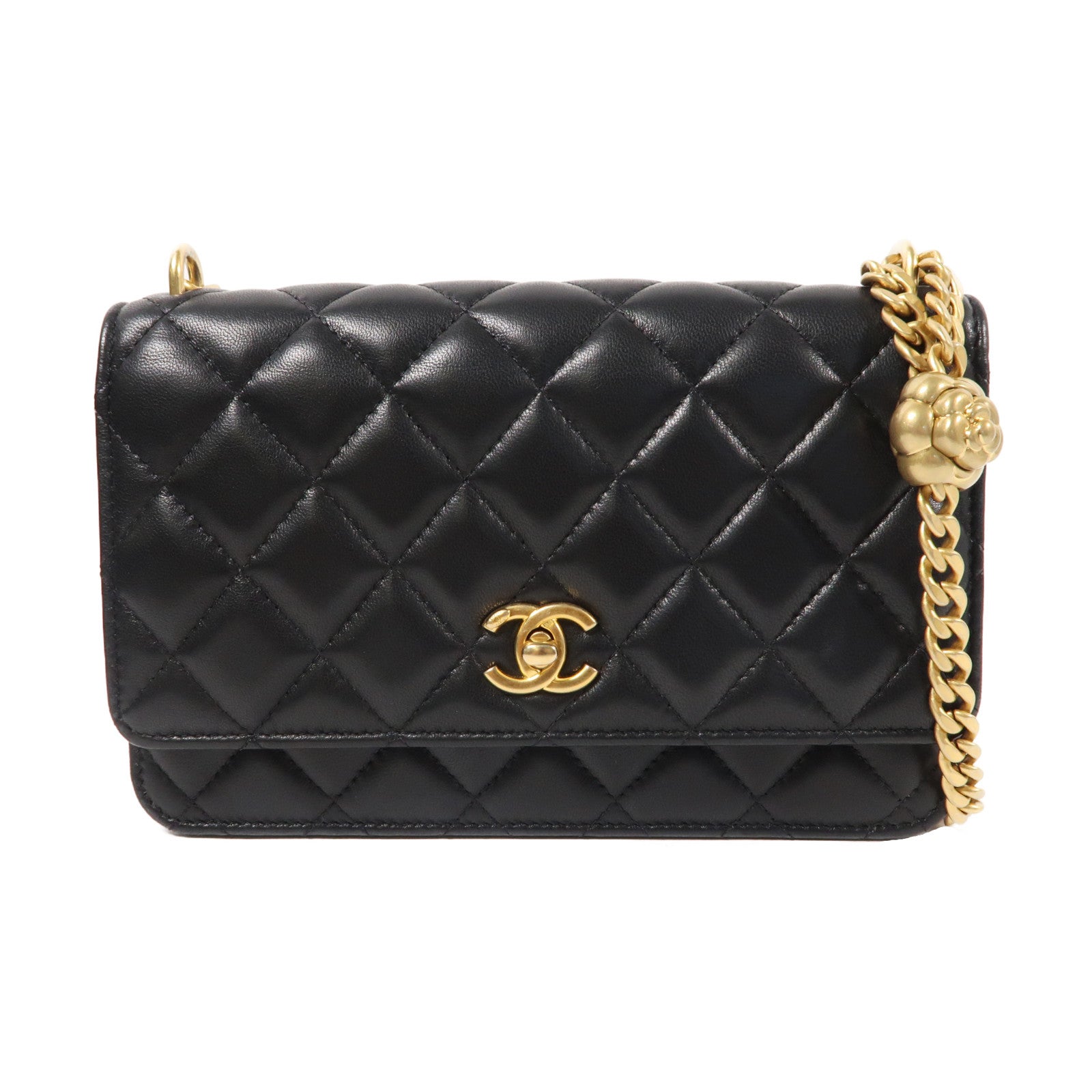 CHANEL 菱格羊皮皮革Wallet On Chain金扣鏈帶肩背袋黑色
