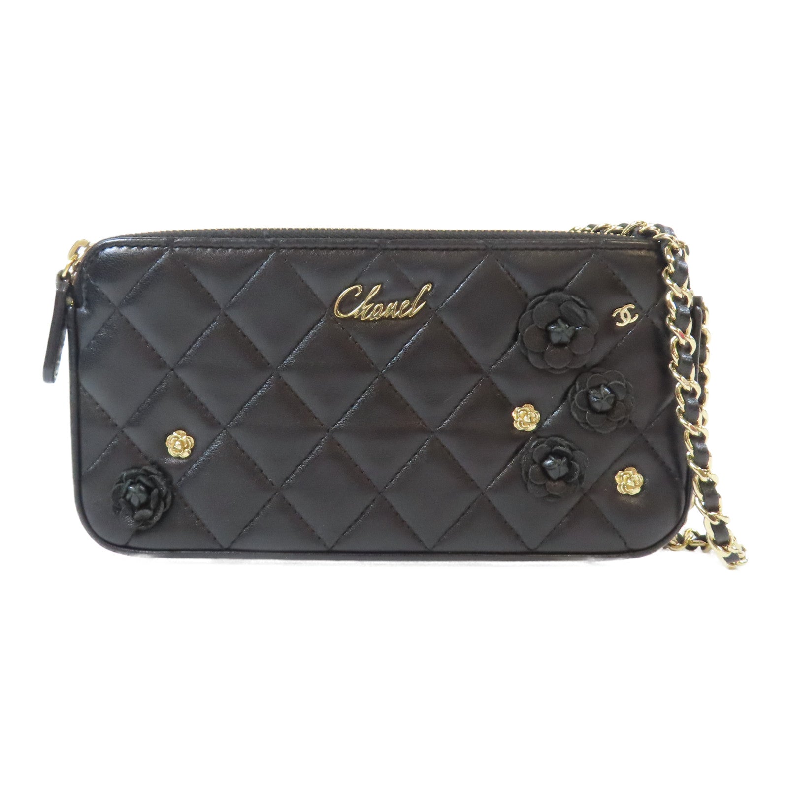 CHANEL 菱格羊皮皮革Matelasse Chain Shoulder Bag金扣鏈帶肩背袋黑色