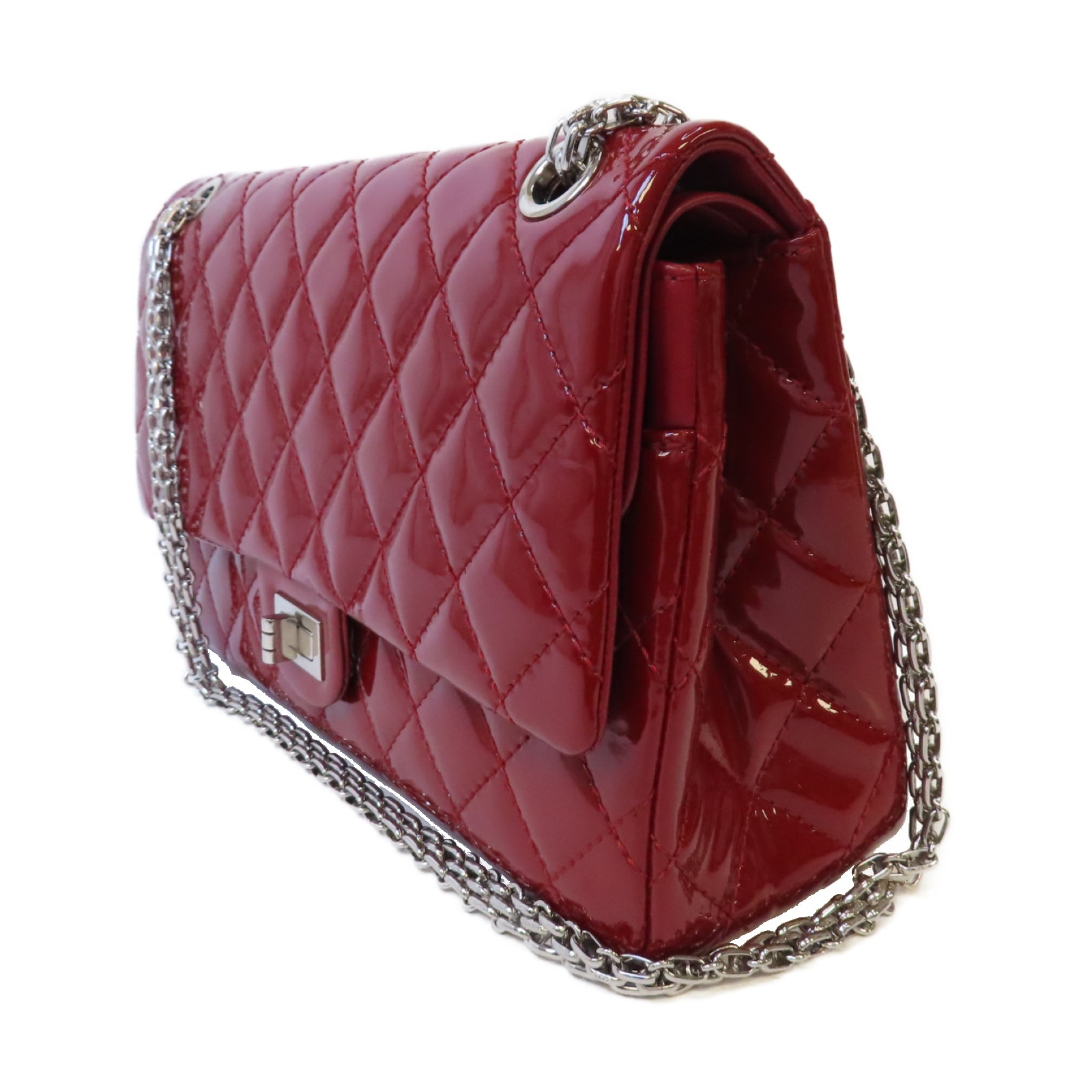 CHANEL 【激減優惠】菱格漆皮皮革2.55 Chain Shoulder銀扣鏈帶肩背袋紅色