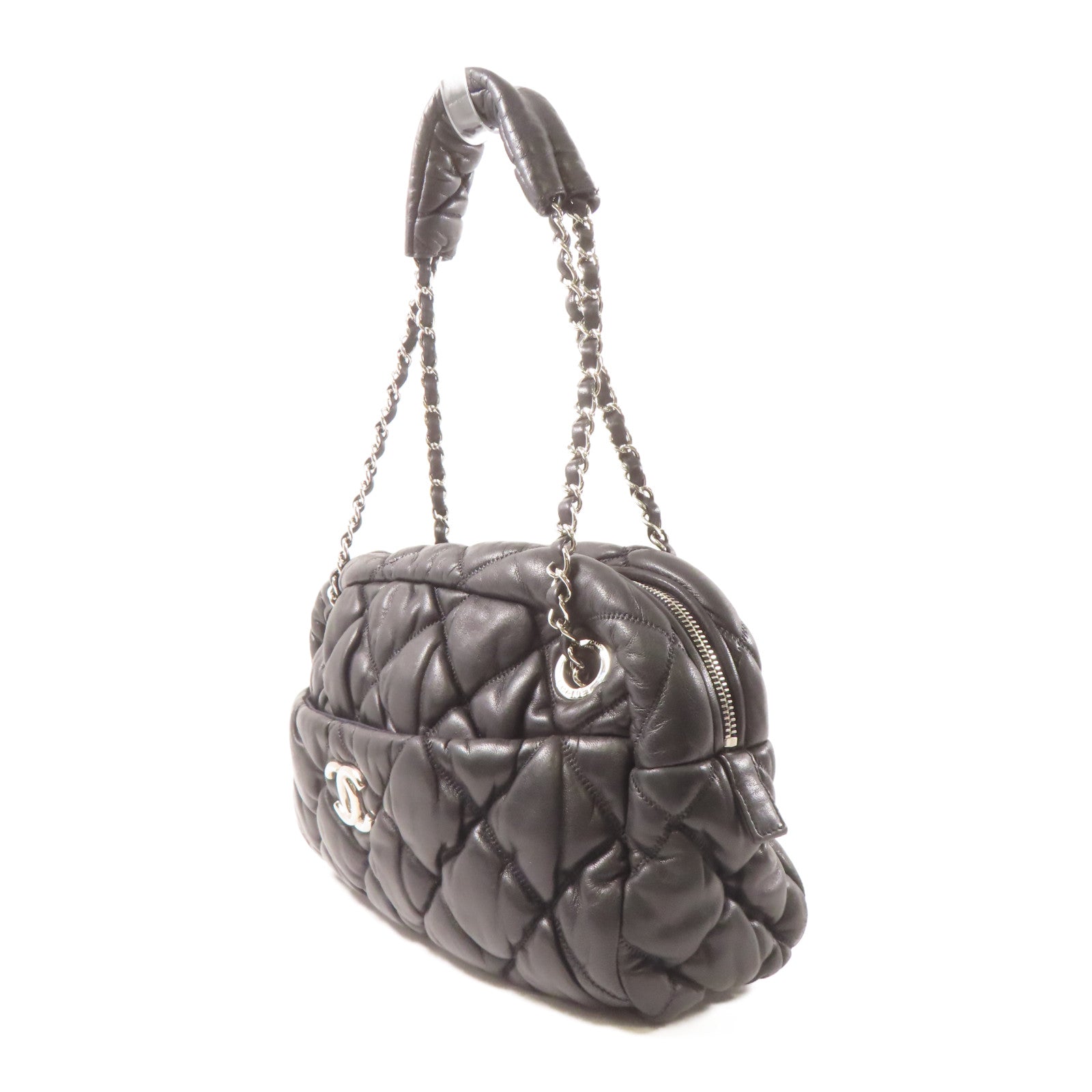 CHANEL 菱格羊皮皮革Chain Shoulder銀扣肩背袋黑色