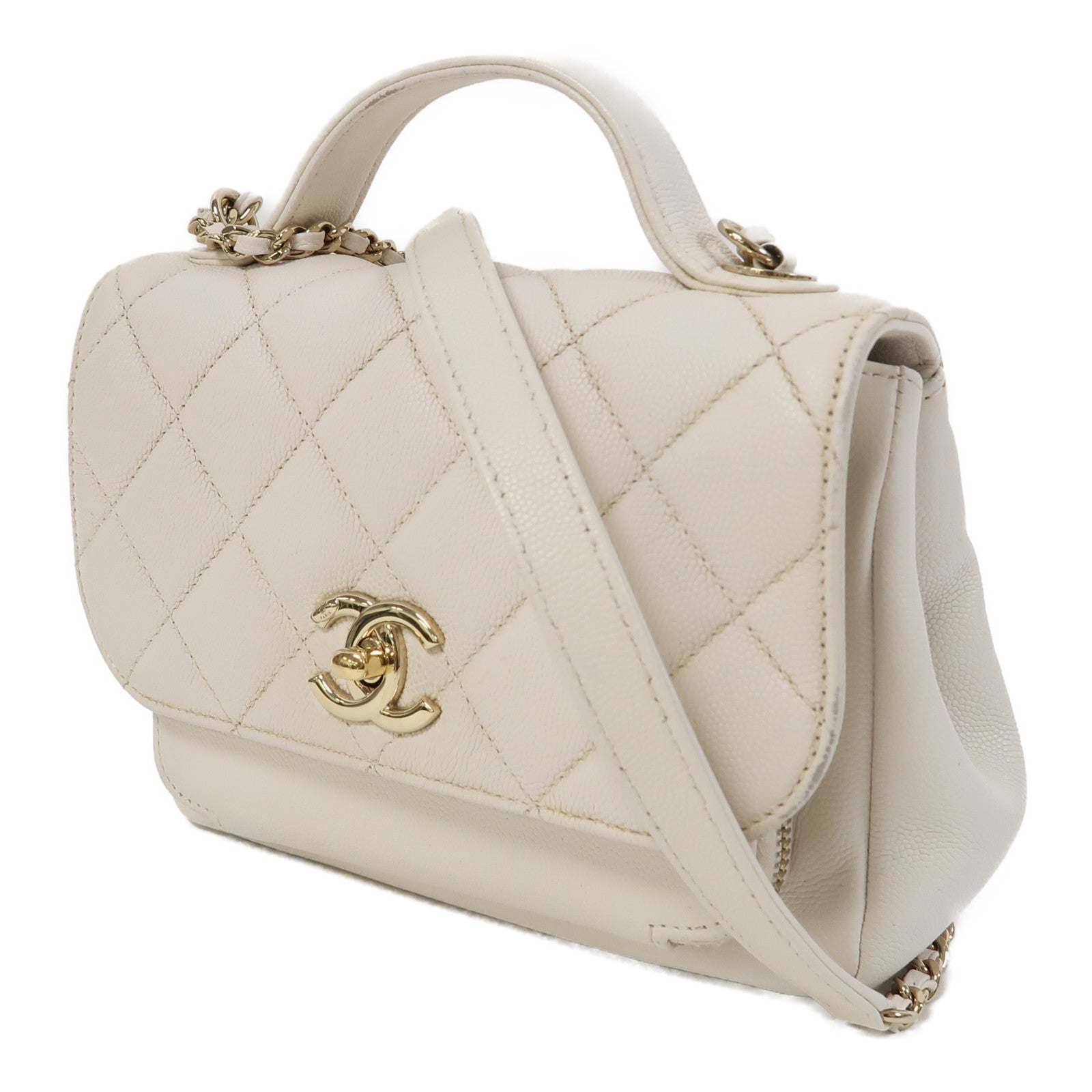 CHANEL 菱格牛皮皮革Shoulder Bag金扣鏈帶肩背袋白色