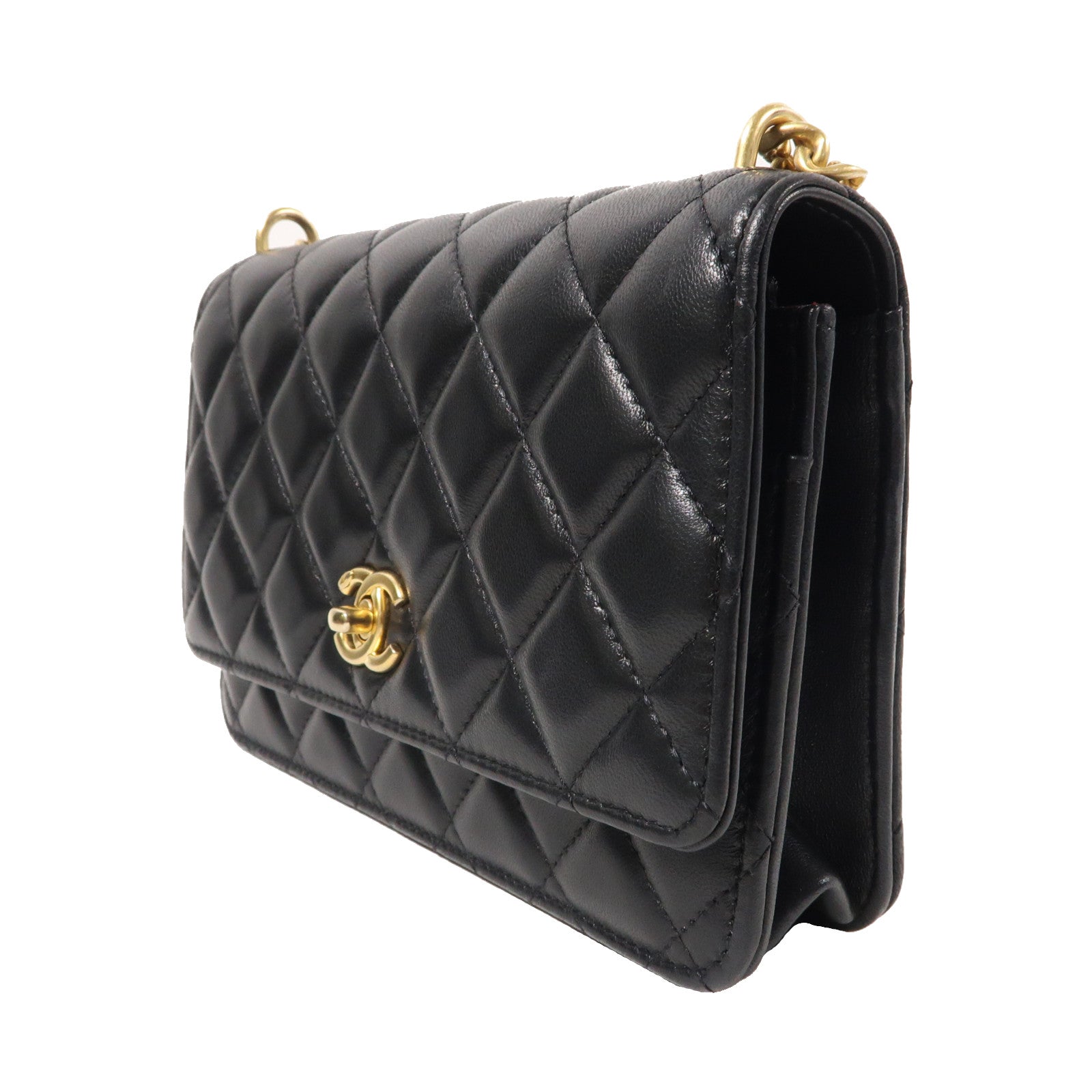 CHANEL 菱格羊皮皮革Wallet On Chain金扣鏈帶肩背袋黑色