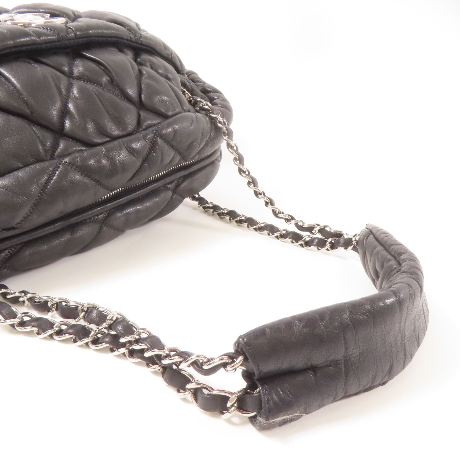 CHANEL 菱格羊皮皮革Chain Shoulder銀扣肩背袋黑色