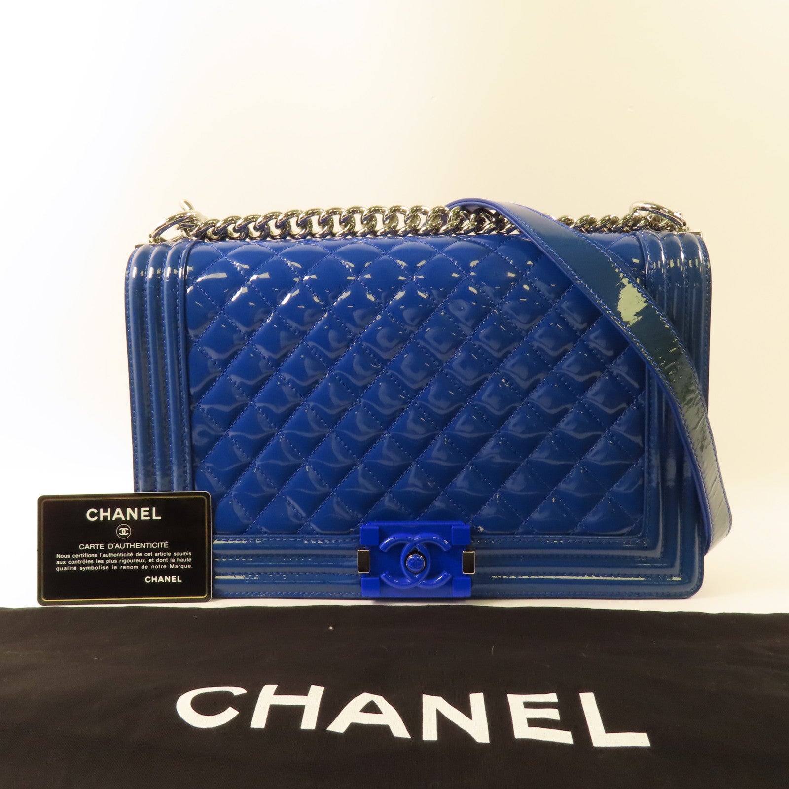 CHANEL CC SHW Boy 28 Chain Shoulder Bag Patent Leather Blue