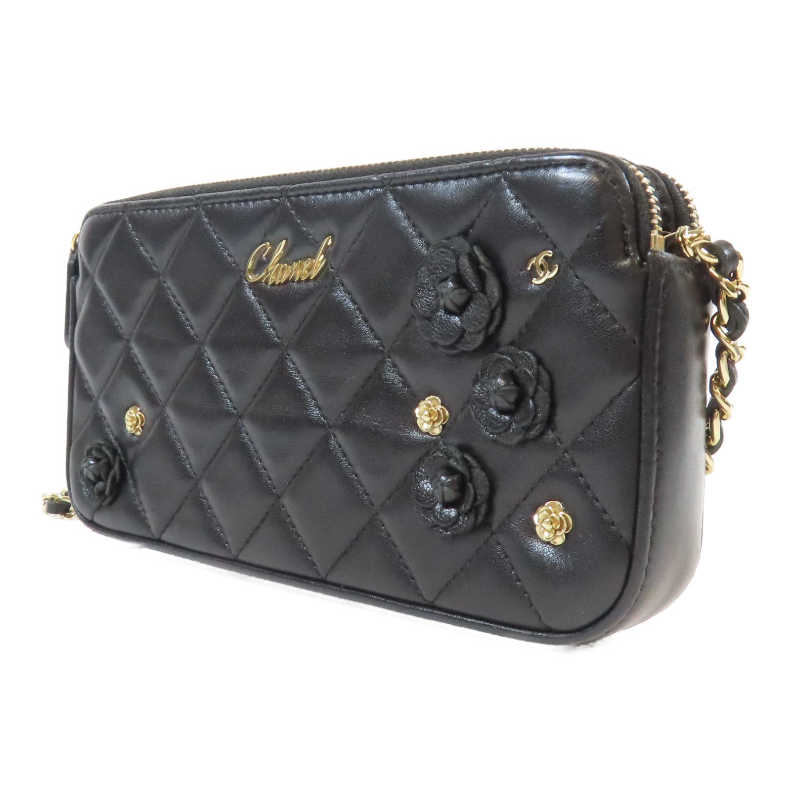 CHANEL 菱格羊皮皮革Matelasse Chain Shoulder Bag金扣鏈帶肩背袋黑色
