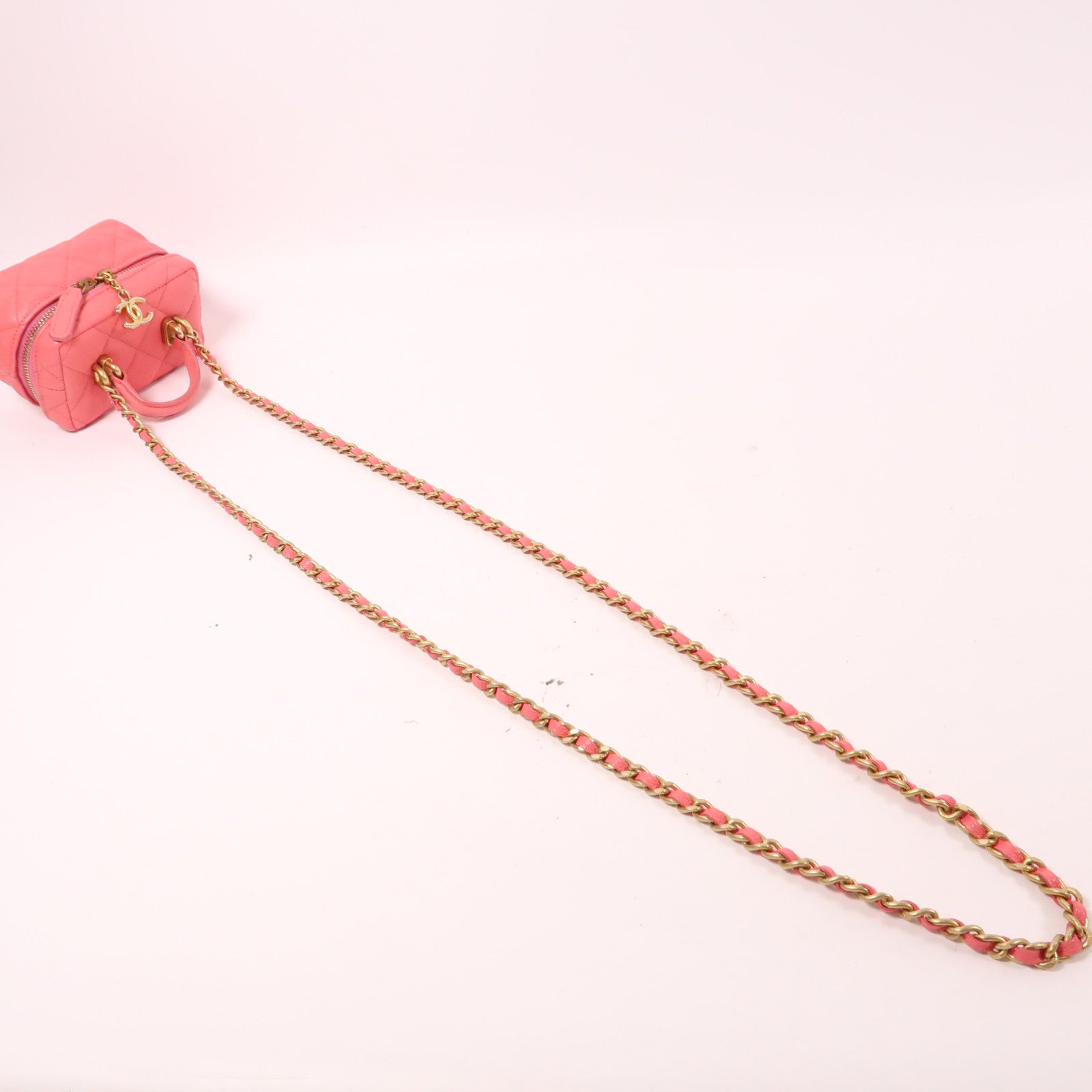CHANEL 菱格Caviar皮革2Way Shoulder金扣手挽肩背兩用袋粉紅色