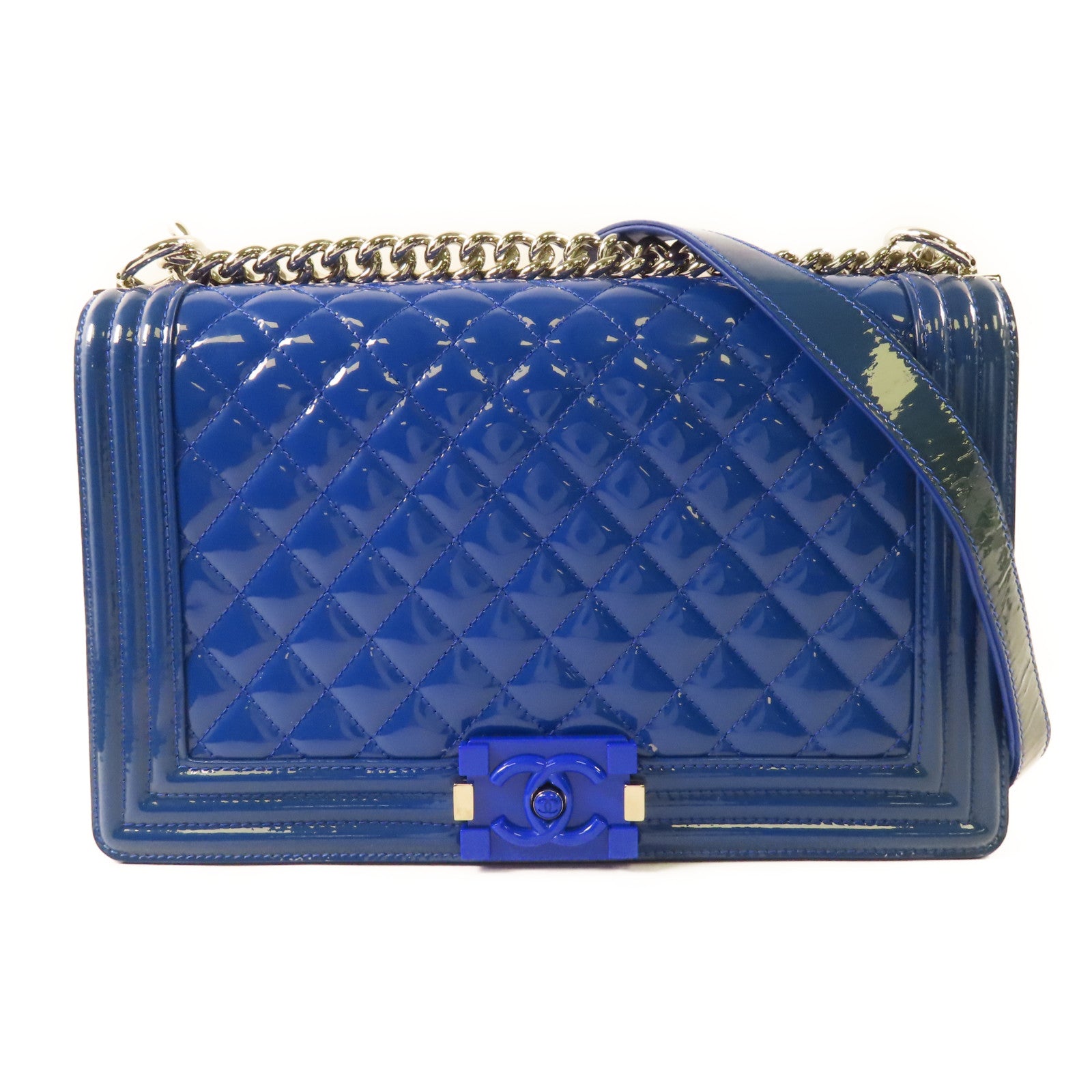 CHANEL CC SHW Boy 28 Chain Shoulder Bag Patent Leather Blue