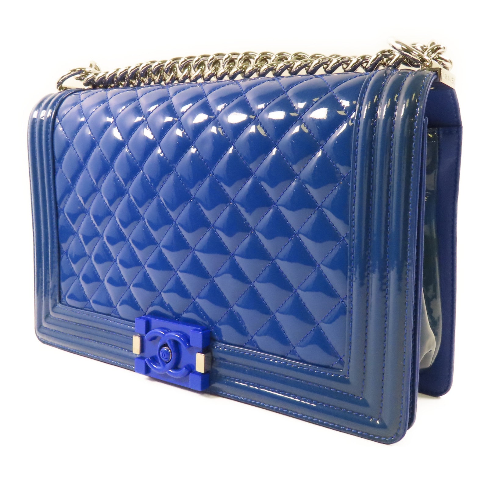 CHANEL CC SHW Boy 28 Chain Shoulder Bag Patent Leather Blue