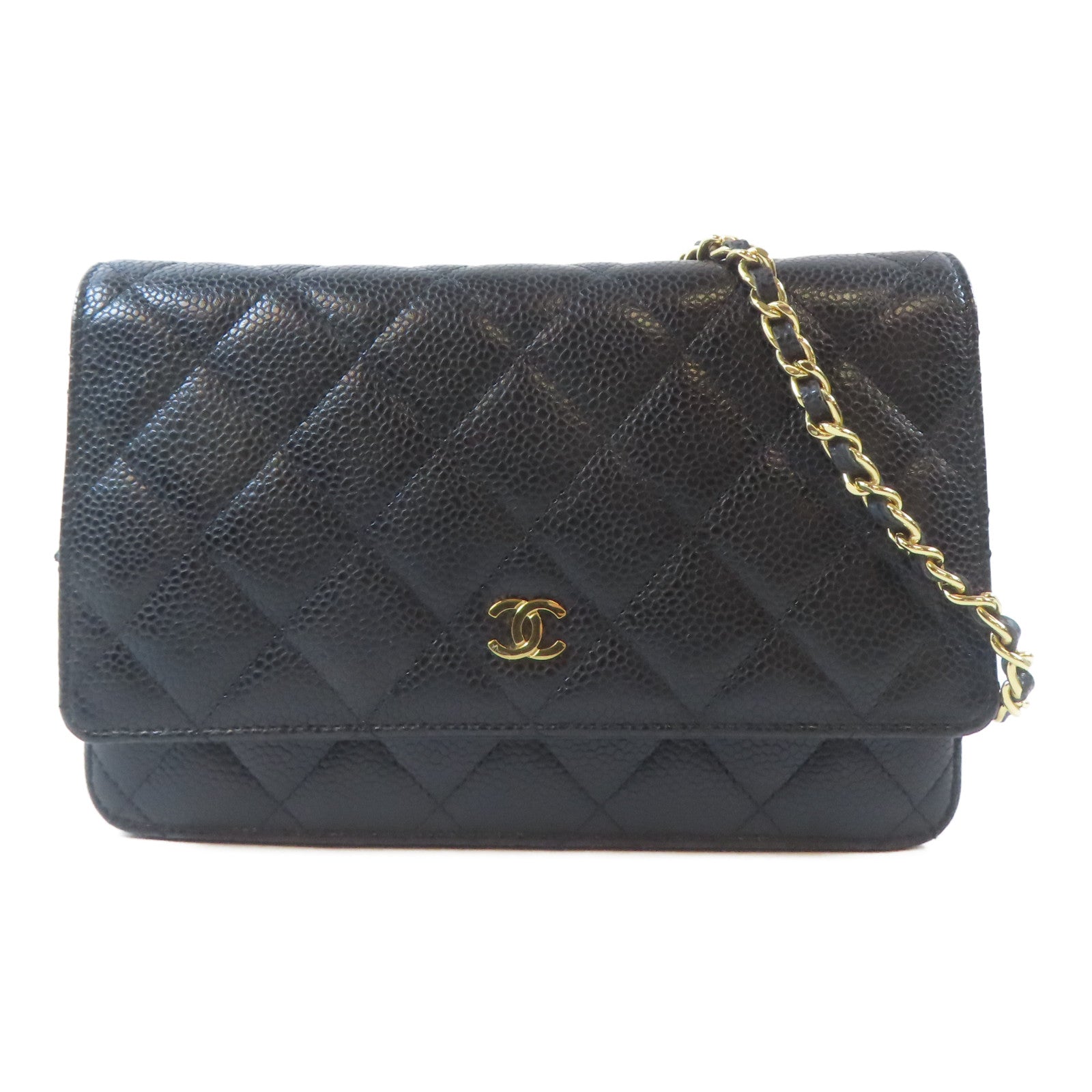 CHANEL 菱格Caviar皮革WOC Wallet On Chain Shoulder Bag金扣鏈帶肩背袋黑色