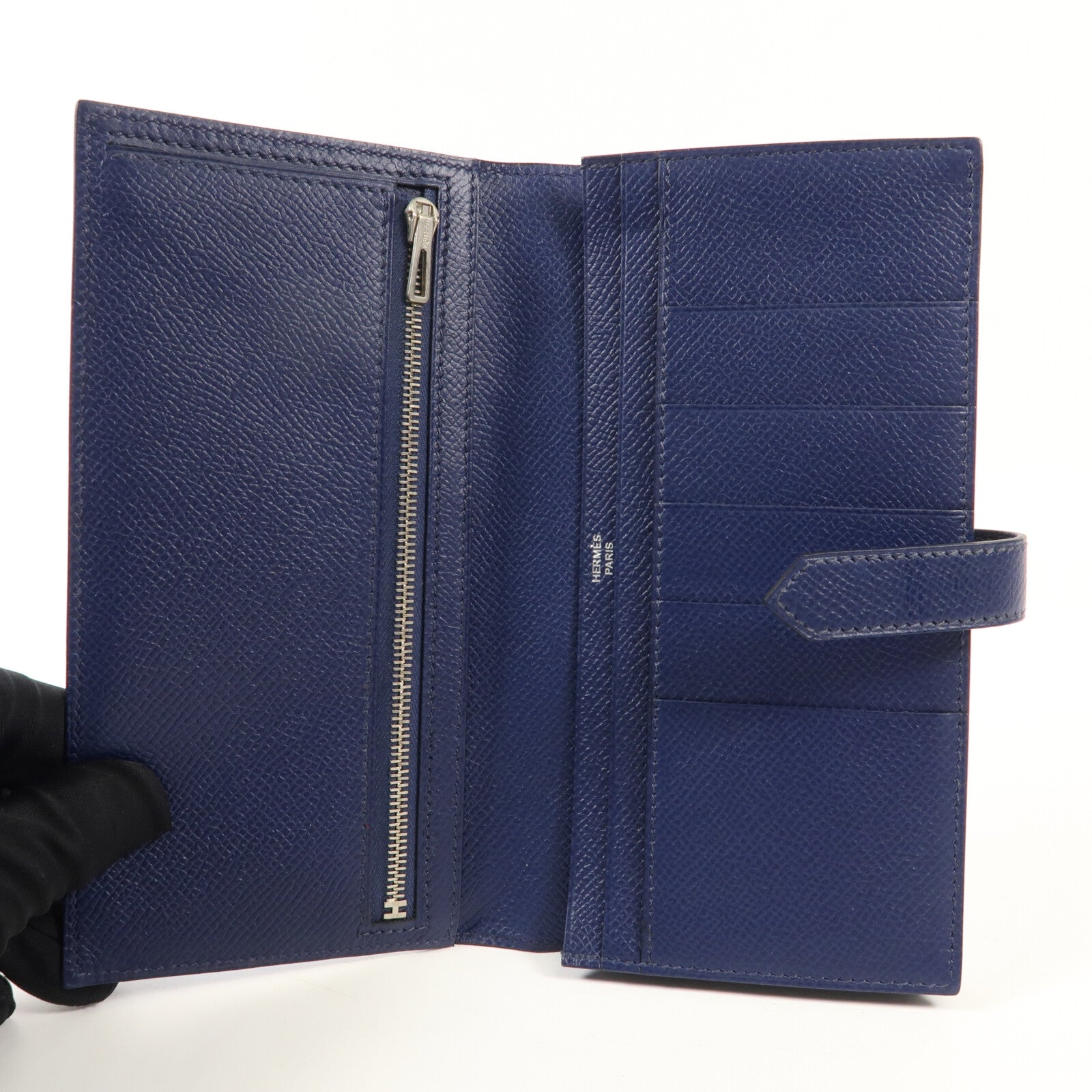 HERMES Epsom皮革Bearn W Snap Wallet銀扣長錢包Bleu Azur/Bleu Saphir