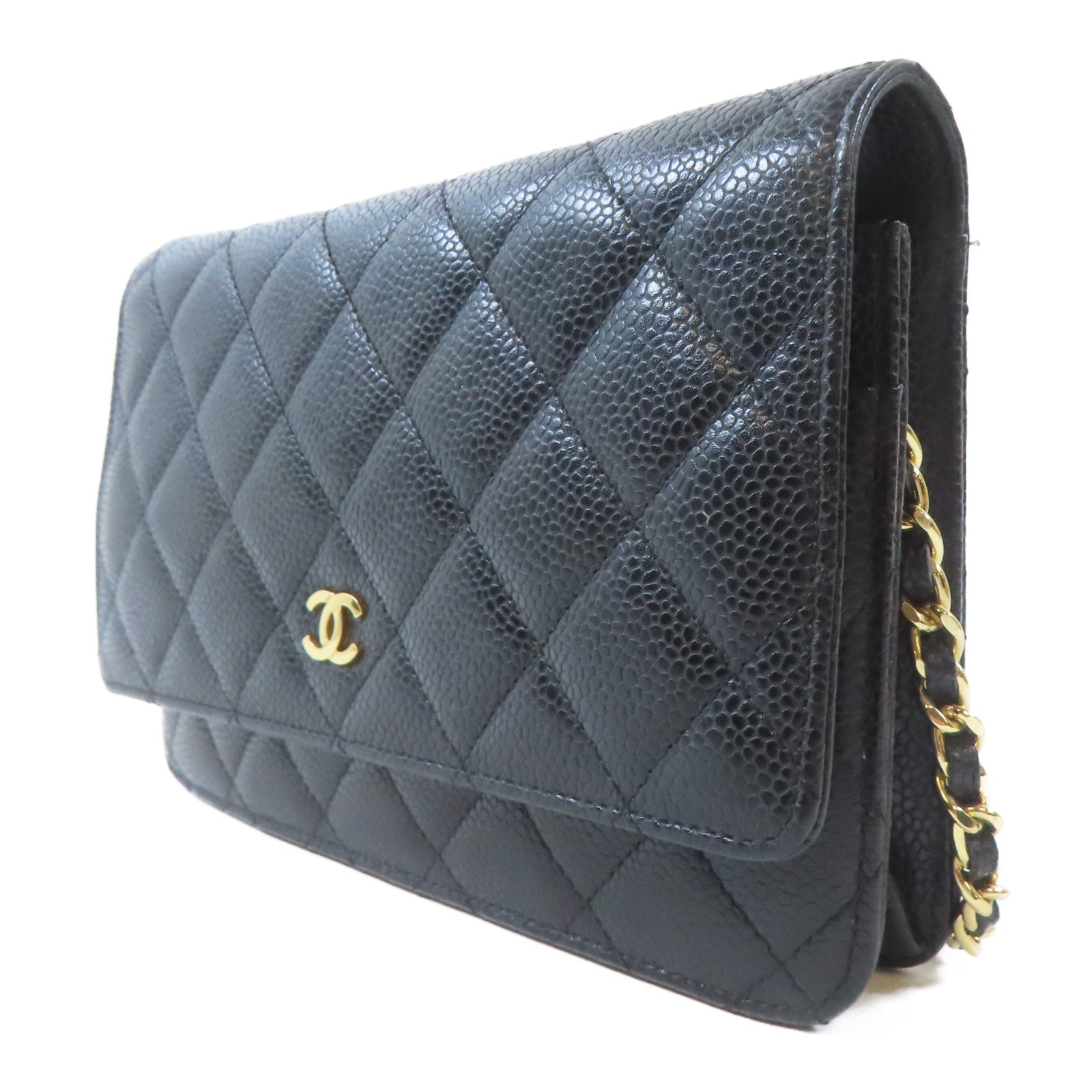 CHANEL 菱格Caviar皮革WOC Wallet On Chain Shoulder Bag金扣鏈帶肩背袋黑色