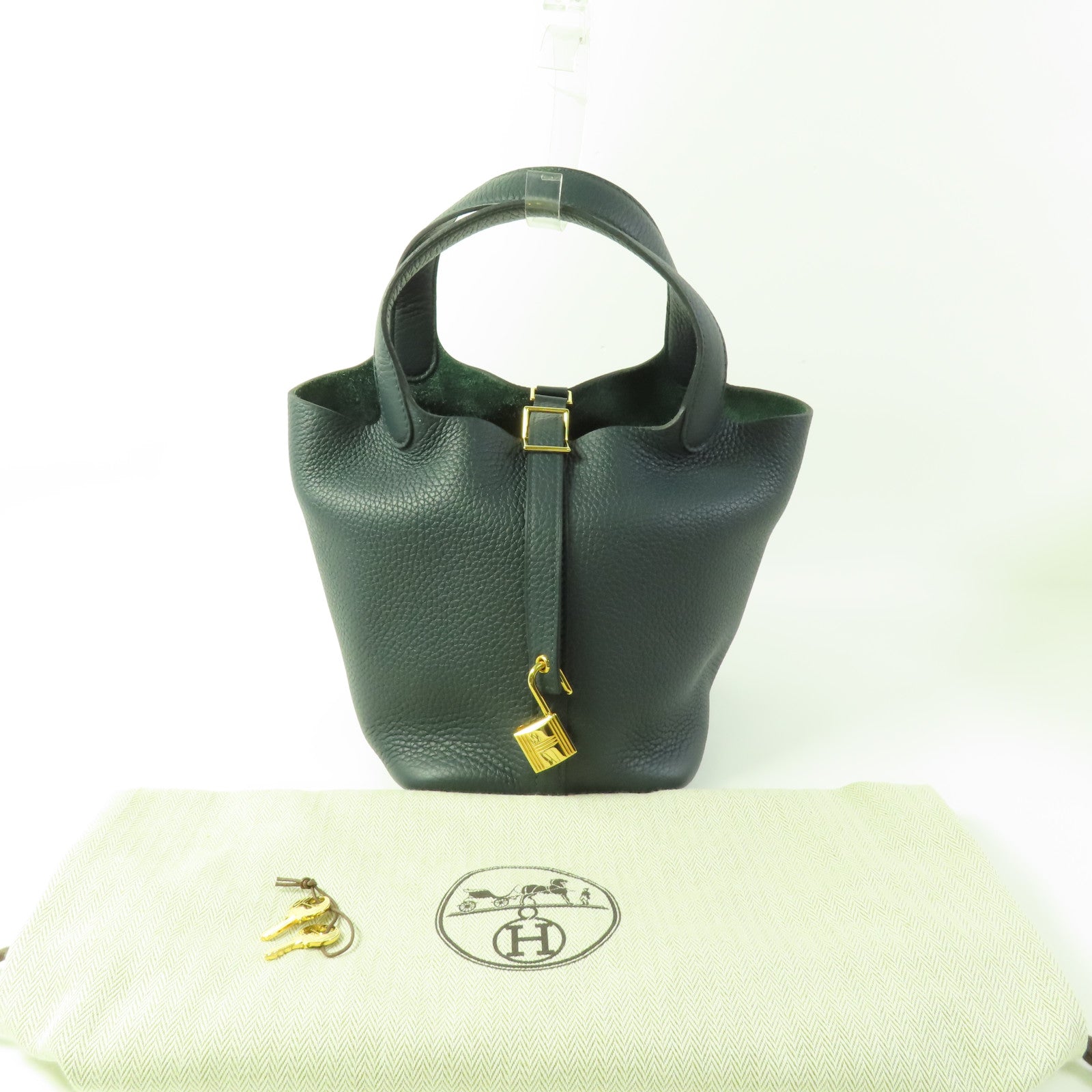 HERMES GHW Picotin PM Tote Bag Clemence Leather Vert Cypres