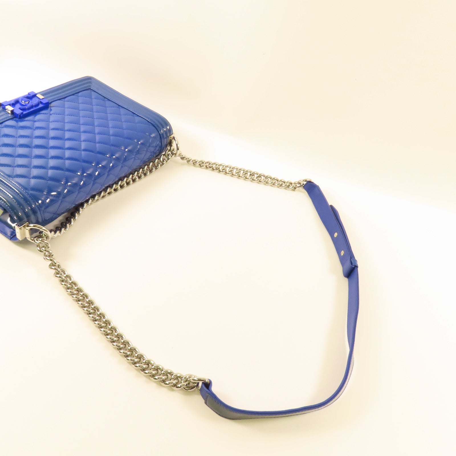 CHANEL CC SHW Boy 28 Chain Shoulder Bag Patent Leather Blue