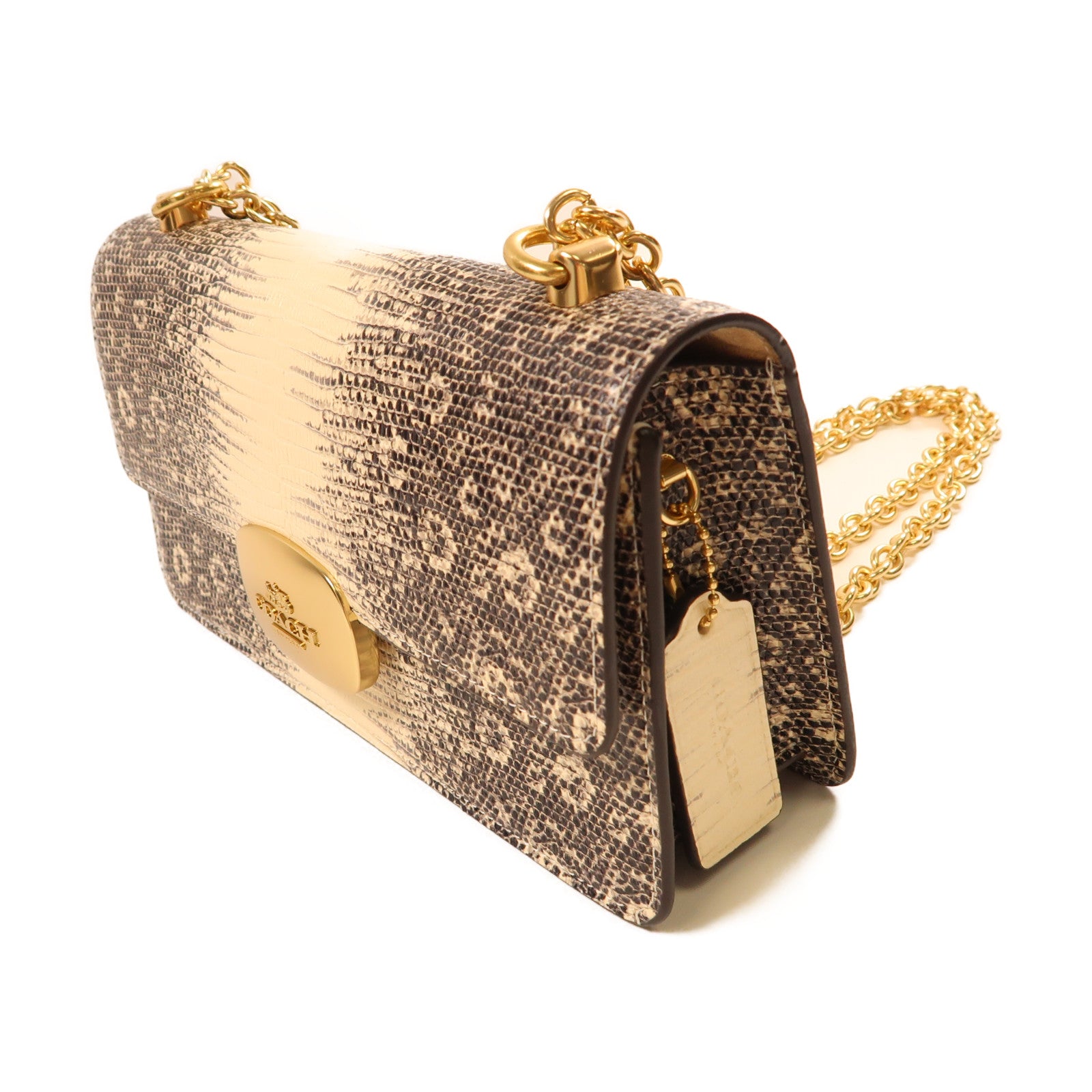 COACH 牛皮皮革Shoulder Bag金扣鏈帶肩背袋米色